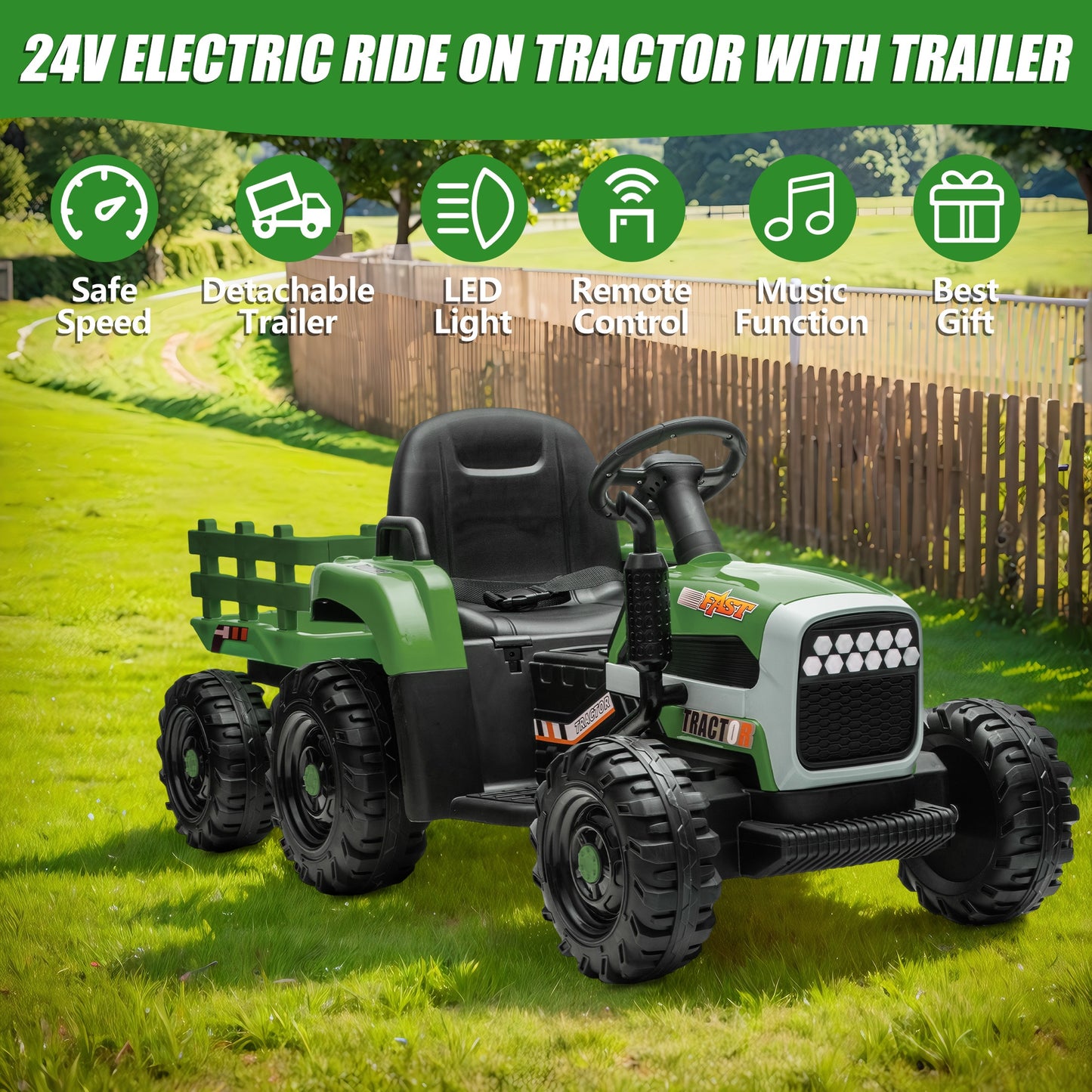 Powered Ride on Toy Tractor, 24V Kids Ride on Car with Remote Control, Electric Vehicles for Kids Toddlers 3-6 Years with 3 Speeds, Bluetooth, Music Player, LED Light, Rear Wheel Suspension, Emerald