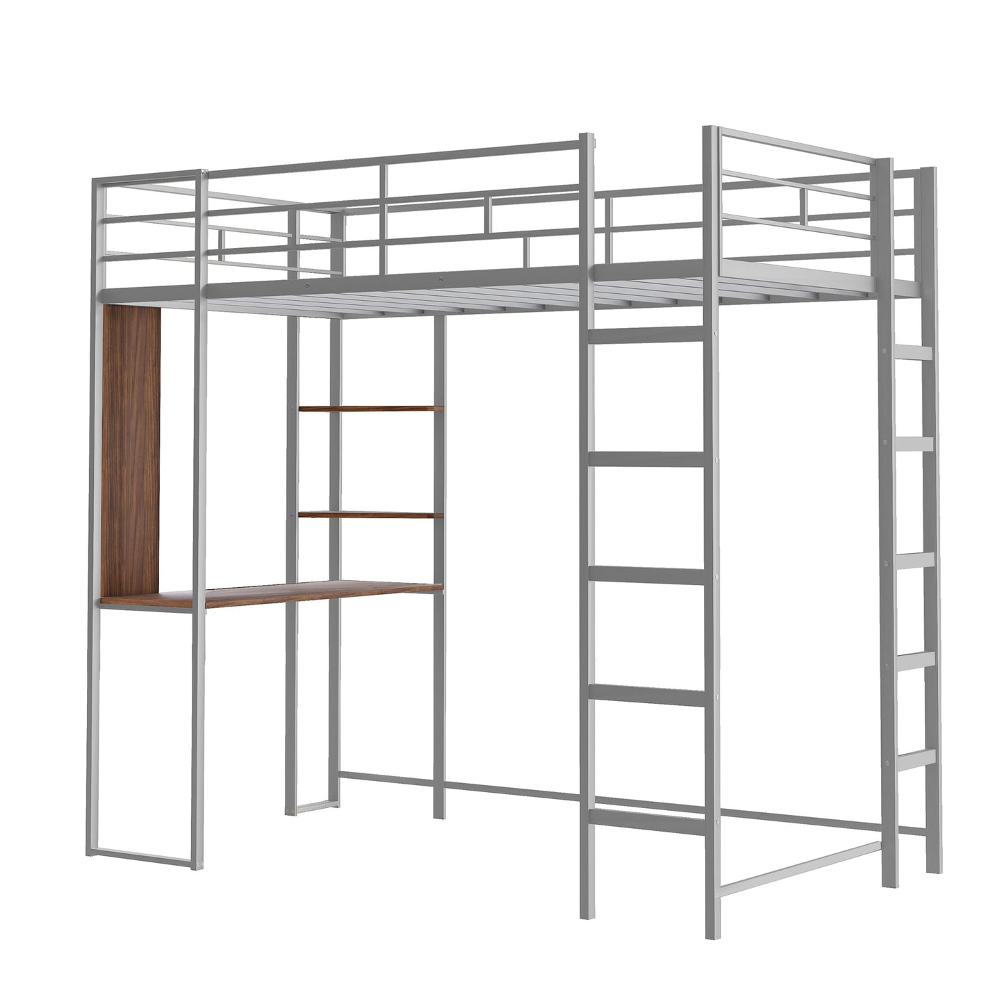 iRerts Loft Bed with Desk and Shelves, Metal Loft Bed Twin for Kids Teens Adult, Twin Size Loft Bed with Safety Guardrail, Modern Silver Loft Bed Twin for Dorm Bedroom Guest Room, No Box Spring Needed