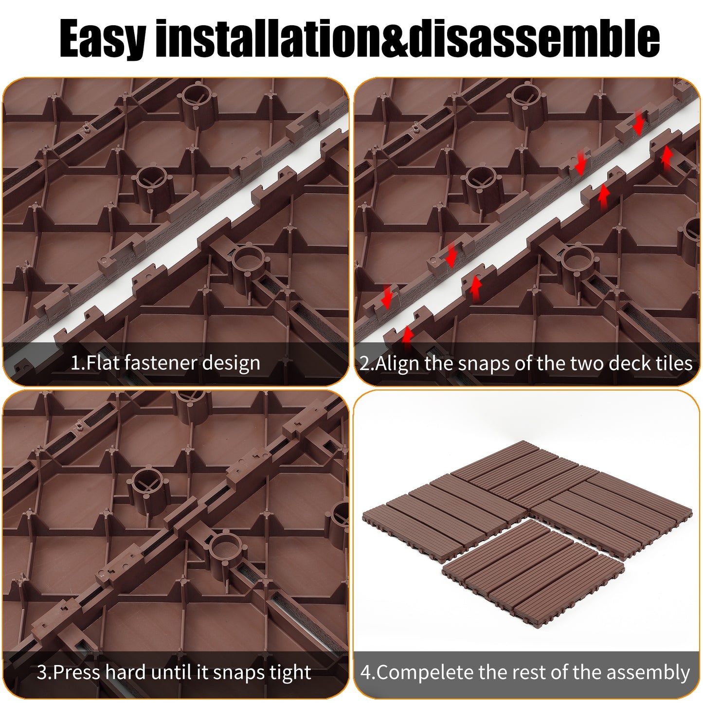 iRerts Plastic Interlocking Deck Tiles, 44 Pack Outdoor Flooring Tiles 12" x 12", All Weather Use, Patio Floor Decking Tiles for Porch Poolside Balcony, Brown