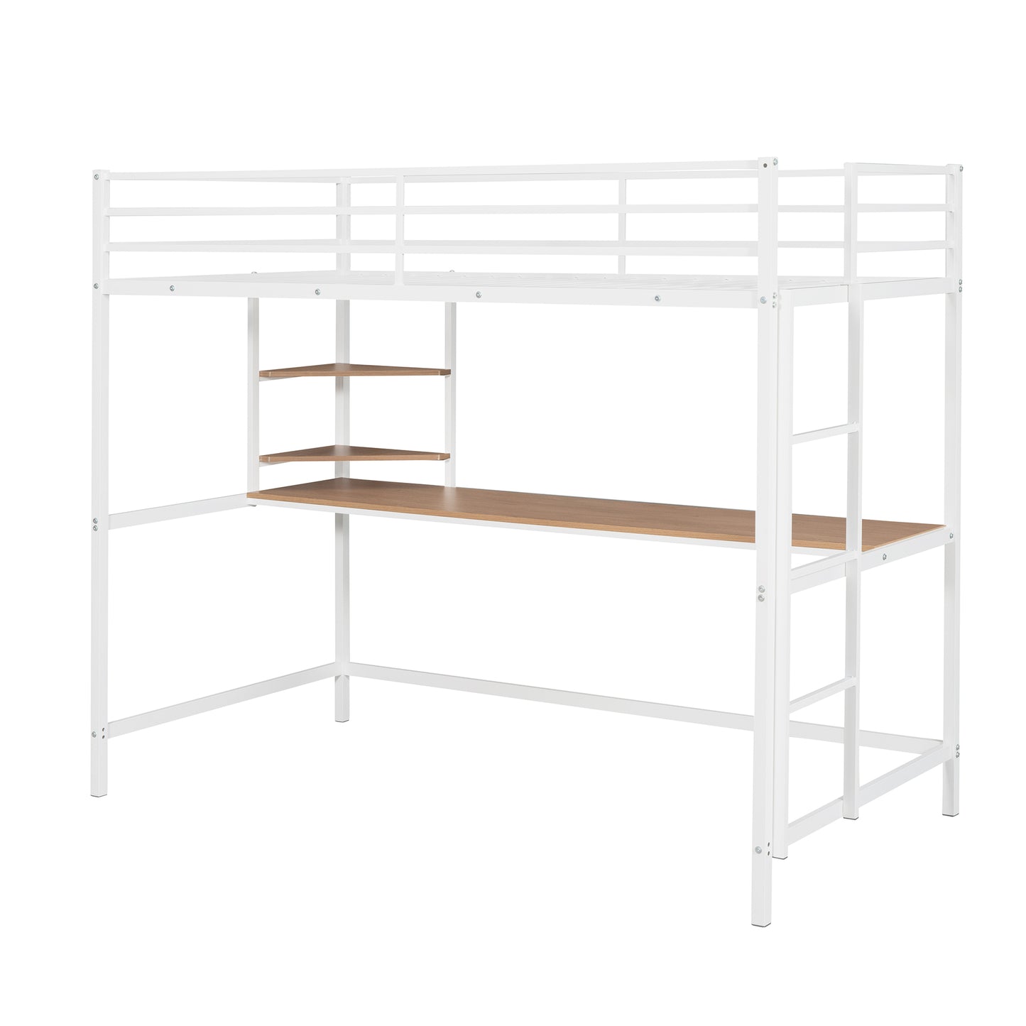 iRerts Twin Loft Bed, Twin Metal Loft Bed with Shelf and Desk, Twin Size Loft Bed with Safety Guardrail, Modern Twin Loft Bed Frame for Dorm Bedroom Guest Room, No Box Spring Needed, White
