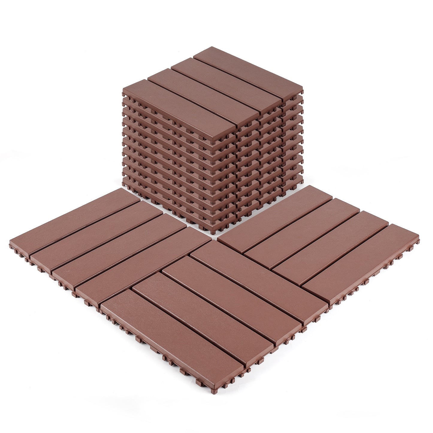 iRerts Plastic Interlocking Deck Tiles, 44 Pack Outdoor Flooring Tiles 12" x 12", All Weather Use, Patio Floor Decking Tiles for Porch Poolside Balcony Backyard, Brown