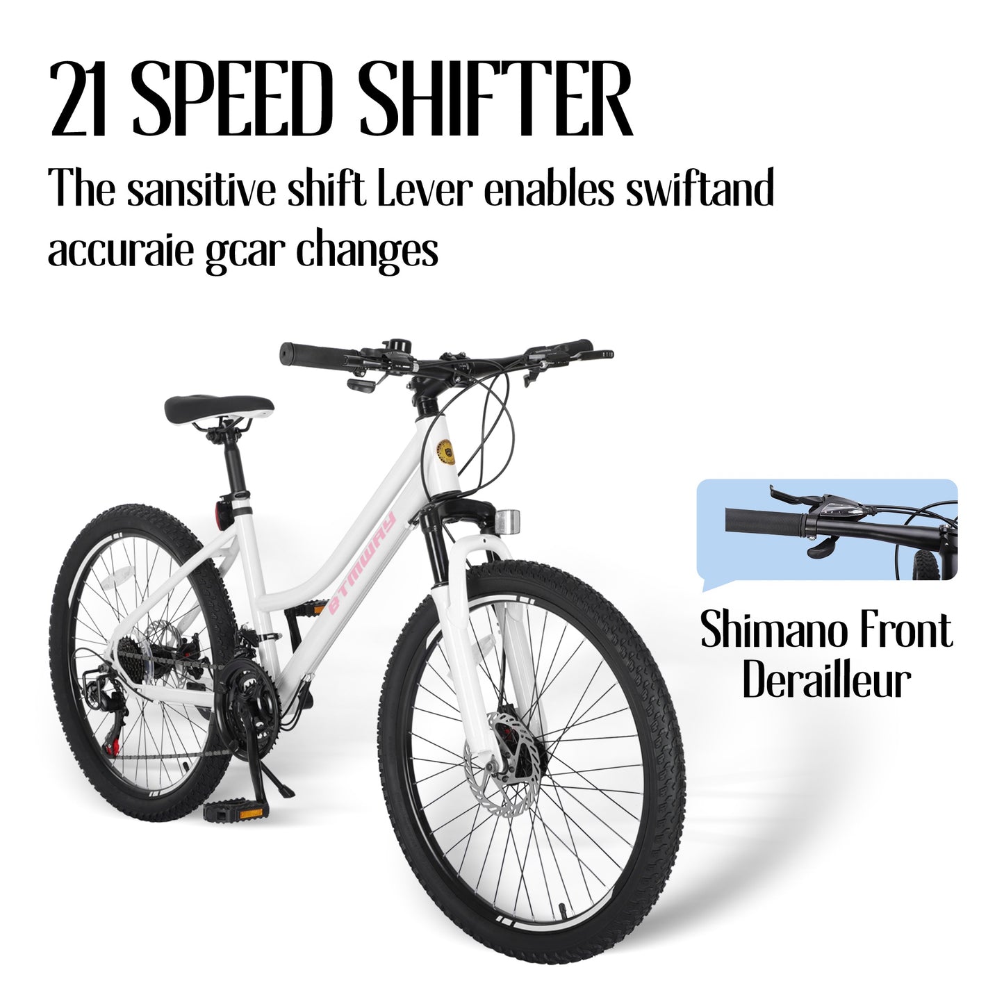 Mountain Bike, iRerts 24 Inch Mountain Bike for Girls, Shimano 21 Speed MTB Women Bicycle with Dual Disc Brakes and Front Suspension Fork, Outdoor Cycling Bike for Adult Work School Commuting, White
