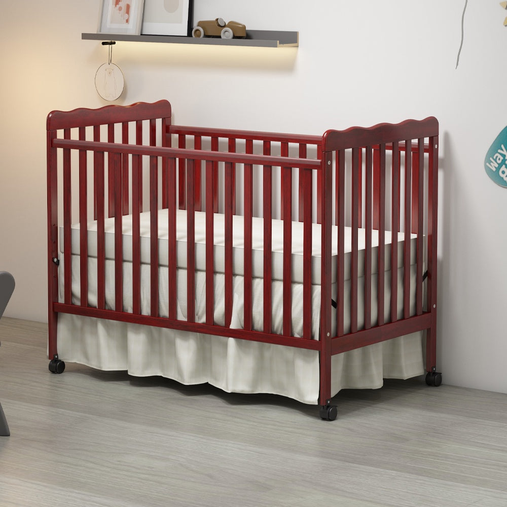 iRerts 3 In 1 Convertible Baby Crib, Wood Converts from Baby Crib to Toddler Bed and Daybed, Baby Bed with Locking Wheels, 4 Adjustable Mattress Heights, Non-Toxic Finish, Cherry