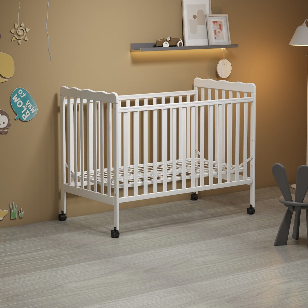 iRerts 3 In 1 Convertible Baby Crib, Wood Converts from Baby Crib to Toddler Bed and Daybed, Baby Bed with Locking Wheels, 4 Adjustable Mattress Heights, Non-Toxic Finish, White