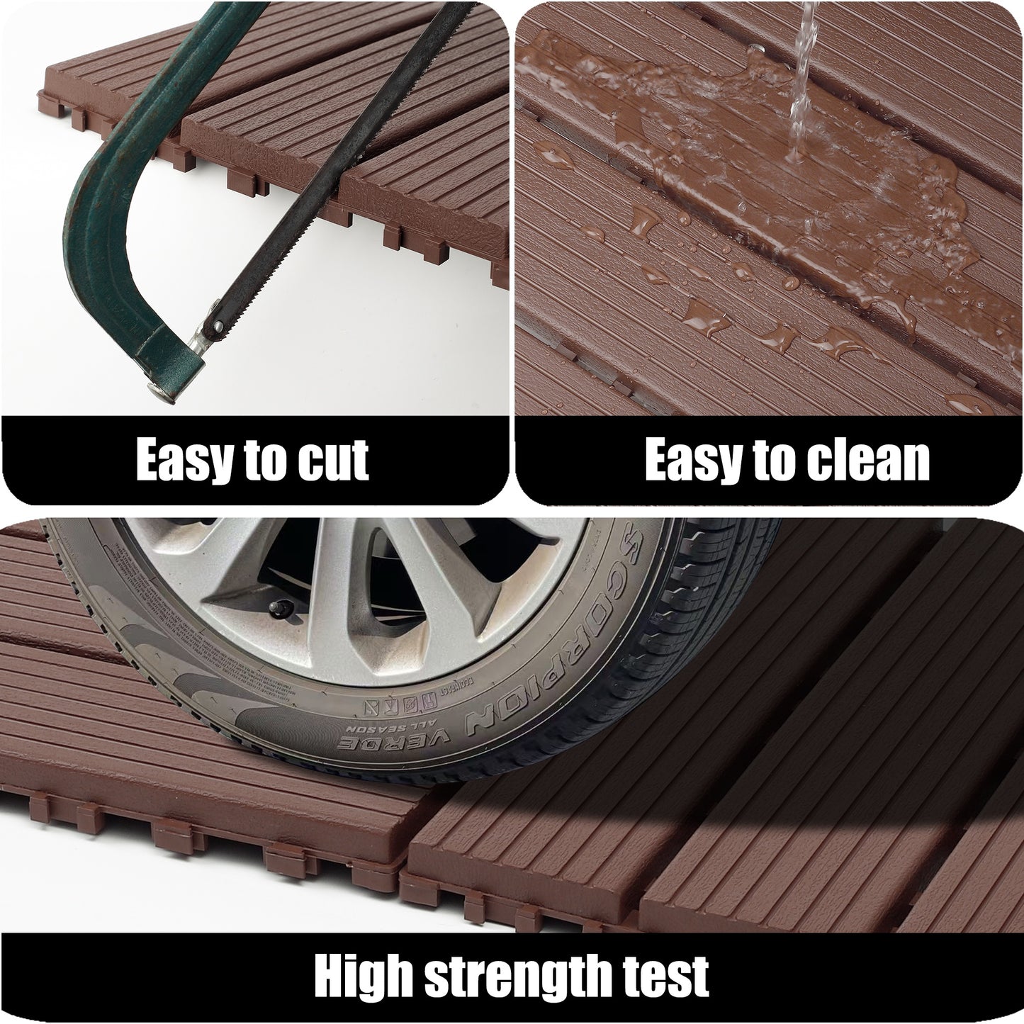 iRerts Plastic Interlocking Deck Tiles, 44 Pack Outdoor Flooring Tiles 12" x 12", All Weather Use, Patio Floor Decking Tiles for Porch Poolside Balcony, Brown