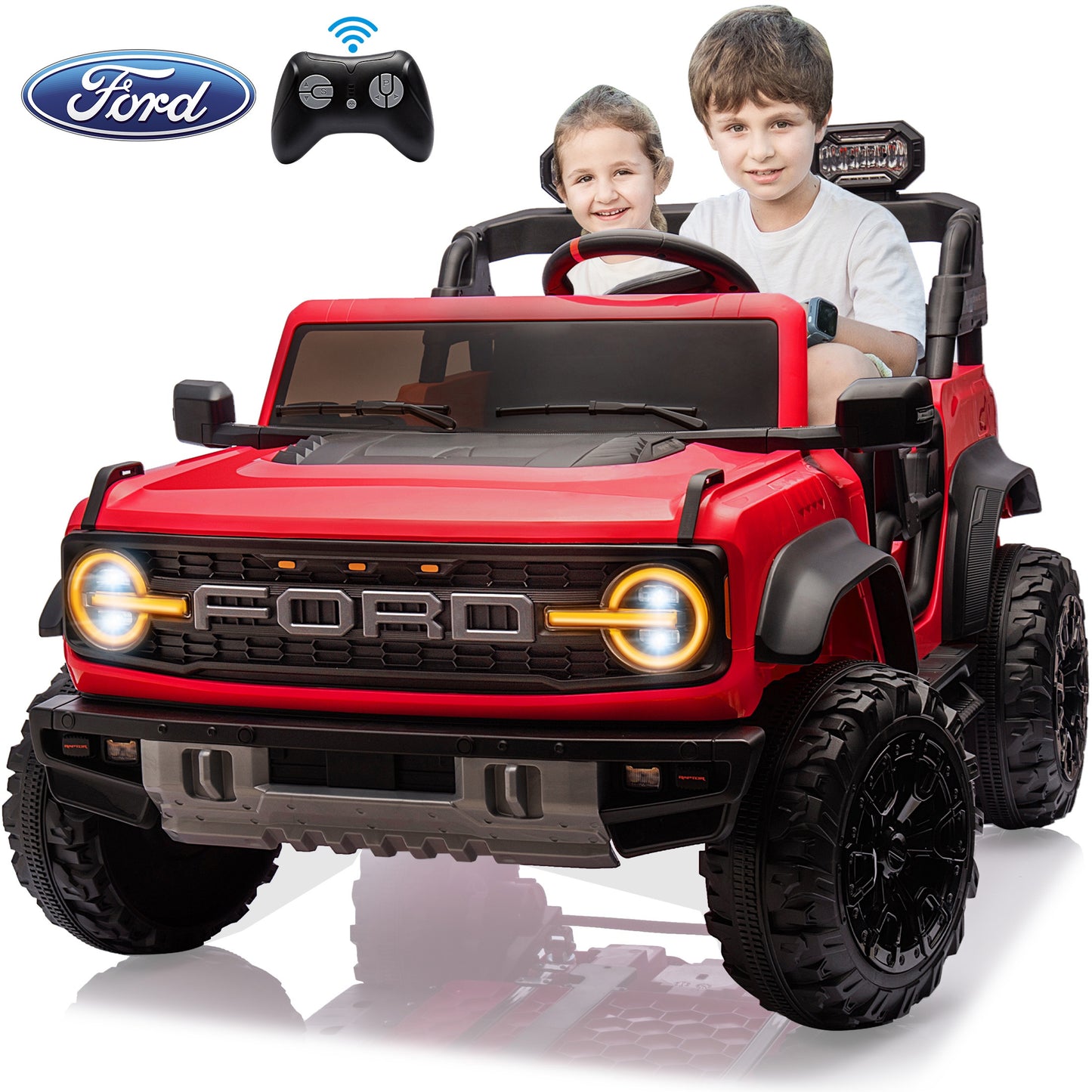 24V 2 Seater Ride on Toy Car, Licensed Ford Bronco Raptor Ride on Trucks with Remote Control, Bluetooth Music Player, Spring Suspension, Battery Powered Electric Car for Kids Boys Girls Ages 3-8, Red