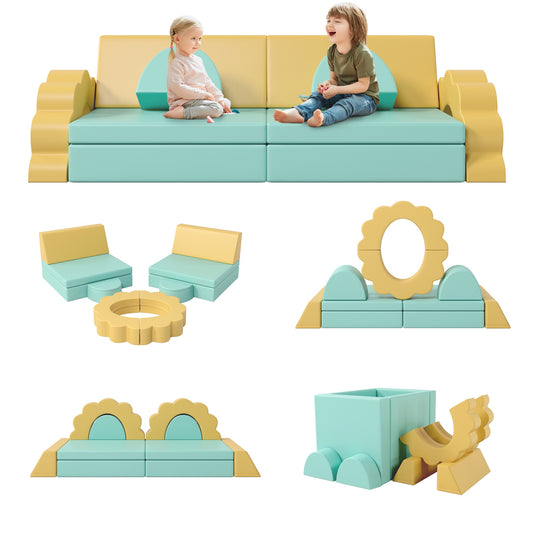 iRerts 10 PCS Modular Kids Play Couch, Kids Sofa Couch for Playroom Child Sectional Sofa, Foam Climbing Blocks Convertible Sofa, Baby Toddlers Couch Floor Sofa for Children, Mint Green+Yellow