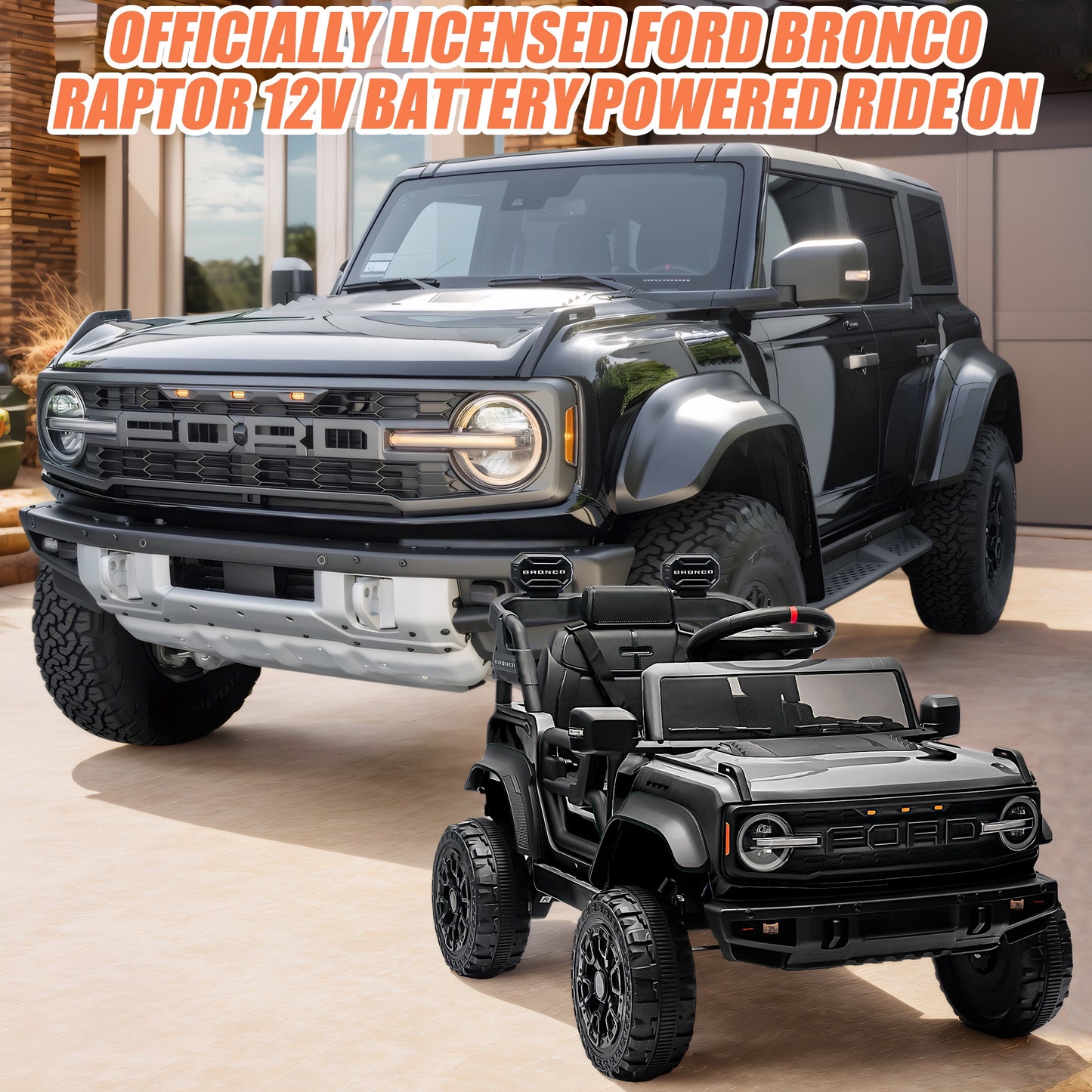 12V Powered Ride on Car, Ford Bronco Raptor Ride on Toys with Remote Control, Battery Powered Ride on Trucks with Bluetooth Music, LED Light, Kids Car Electric Vehicle for Boys Girls Gifts, Black