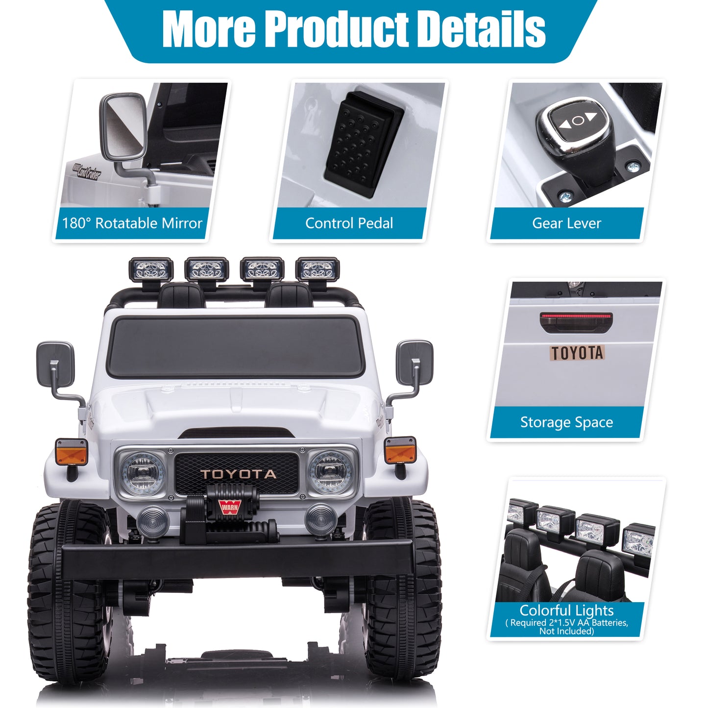 2 Seater 24 Volt Ride On Car with Remote Control, Licensed Toyota FJ40 Ride on Toys Truck for Boys Girls, Kids Electric Vehicle Car with LED Light, Bluetooth/FM Radio/Music, 4 Wheels Suspension, White