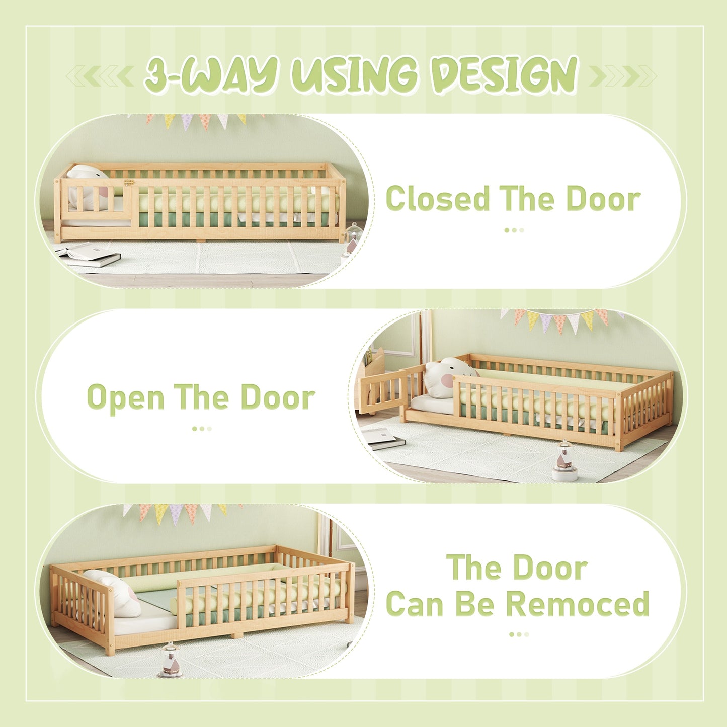 iRerts Twin Floor Bed Frame for Toddlers Kids, Wood Twin Montessori Bed Frame with Slats, Fence, Door, Kids Montessori Bed Twin Size, Twin Toddler Bed Frame for Boys Girls, Natural