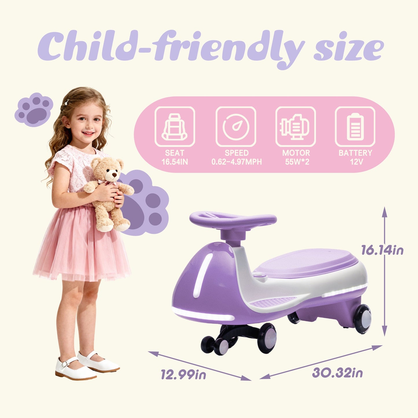 12V Electric Wiggle Car, Powered Ride on Toys for Kids with Flashing PU Wheels, Bluetooth Music, 2-in-1 Swing Car Kids Electric Vehicles for Boys Girls Ages 3+, Purple