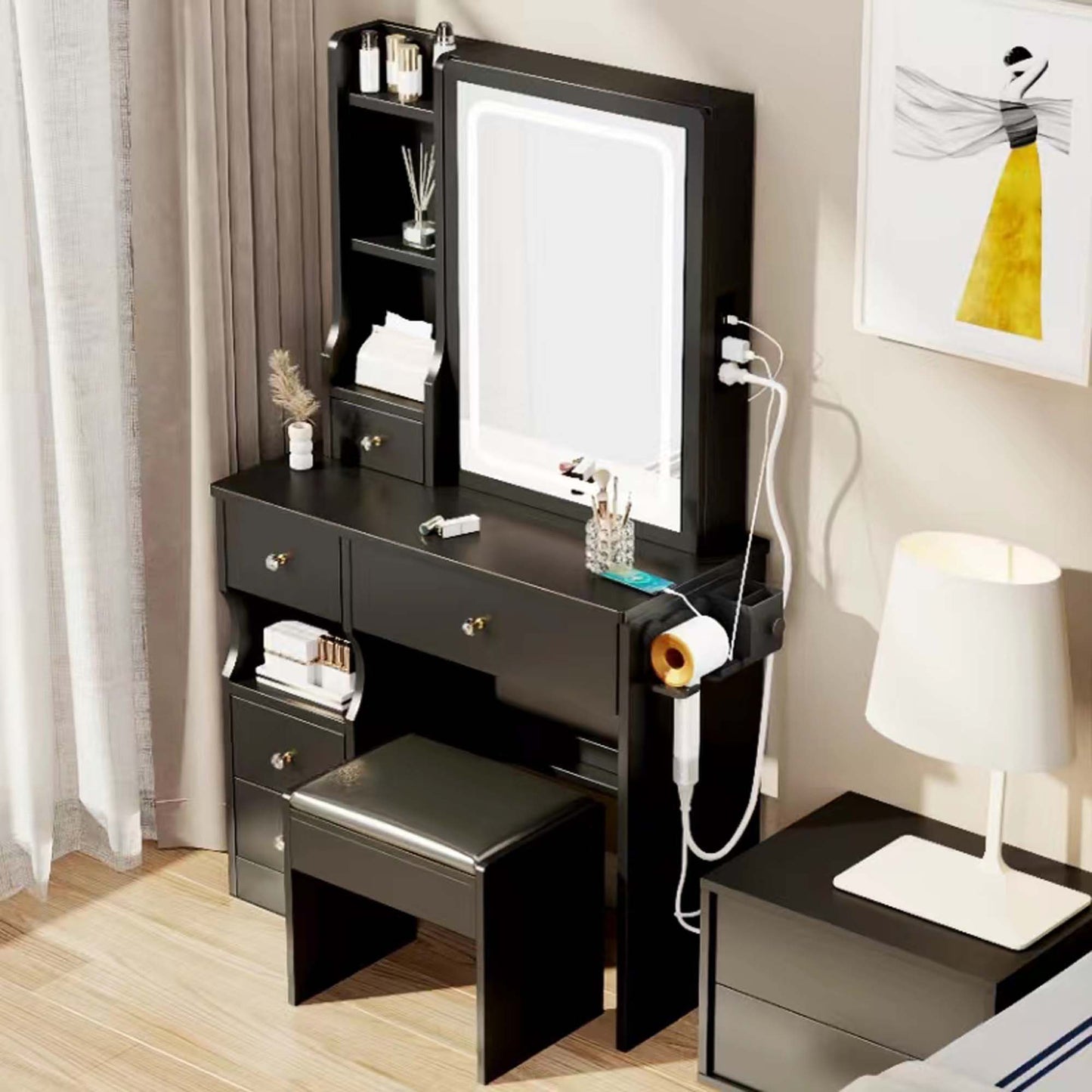 iRerts Vanity Desk with Chair, Makeup Vanity Set with LED Mirror, 2 AC+2 USB Power Station, Brightness Adjustable, Shelf, Drawers, Makeup Vanity Desk Dressing Table Set for Bedroom Small Space, Black
