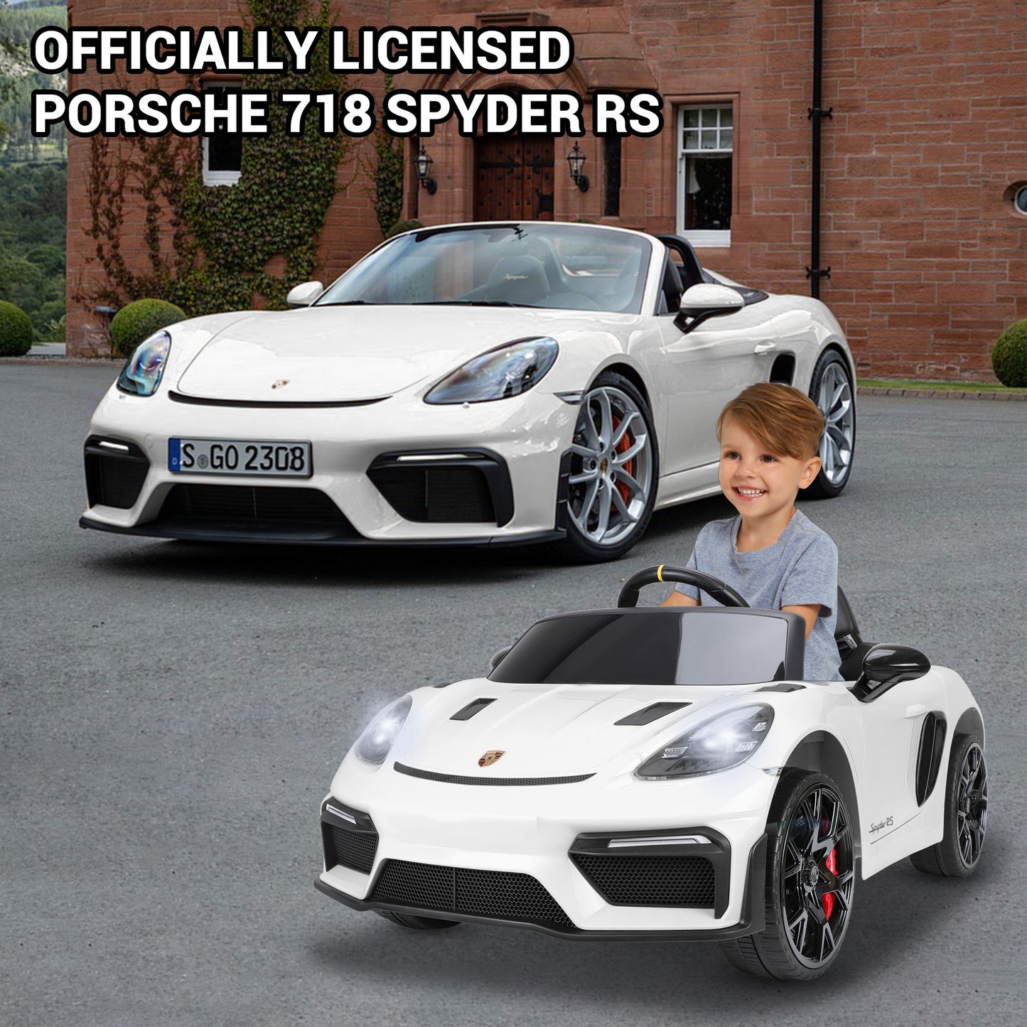 12V Powered Ride On Toys, Licensed Porsche 718 Ride on Car for Kids Boys Girls Christmas Gifts Ages 3-5, Kids Cars Electric Vehicle with Remote Control, Bluetooth, Music, LED Light, 4 Wheeler, White