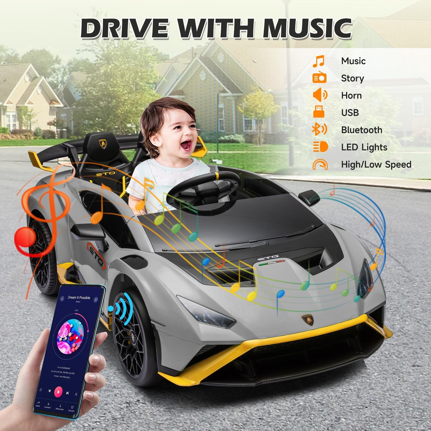 iRerts Gray 24V Lamborghini Ride on Cars with Remote Control, Battery Powered Kids Ride on Toys for Boys Girls 3-8 Ages, 4 Wheels Electric Cars for Kids with Bluetooth/Music/USB Port/LED Lights