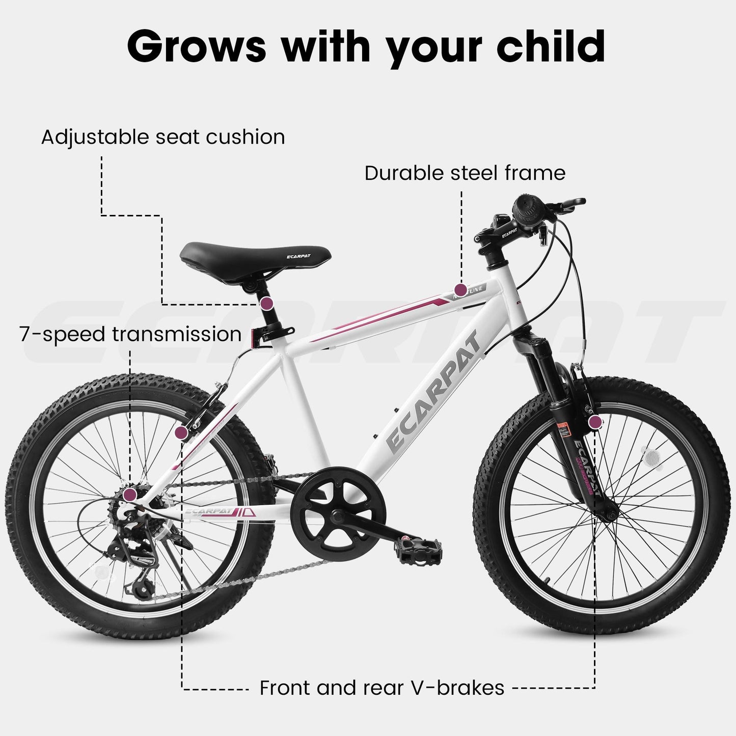 iRerts 20" Kids Bike for 8-12 Year Olds Boys Girls, Gears Shimano 7 Speed Mountain Bike for Kids, Children Bicycle with Adjustable Seat Saddle, Steel Frame Girls Boys Sports Bikes with V-Brake, White