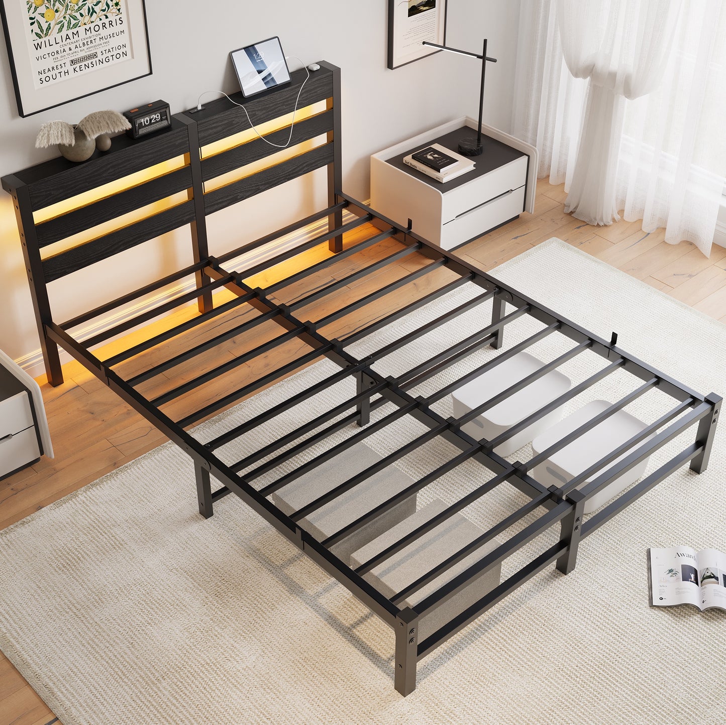 iRerts Queen Bed Frame with Headboard, Metal Platform Bed Frame Queen Size with USB Charging Station, LED Lights, Steel Slats, LED Bed Frame No Box Spring Needed for Bedroom Furniture, Black