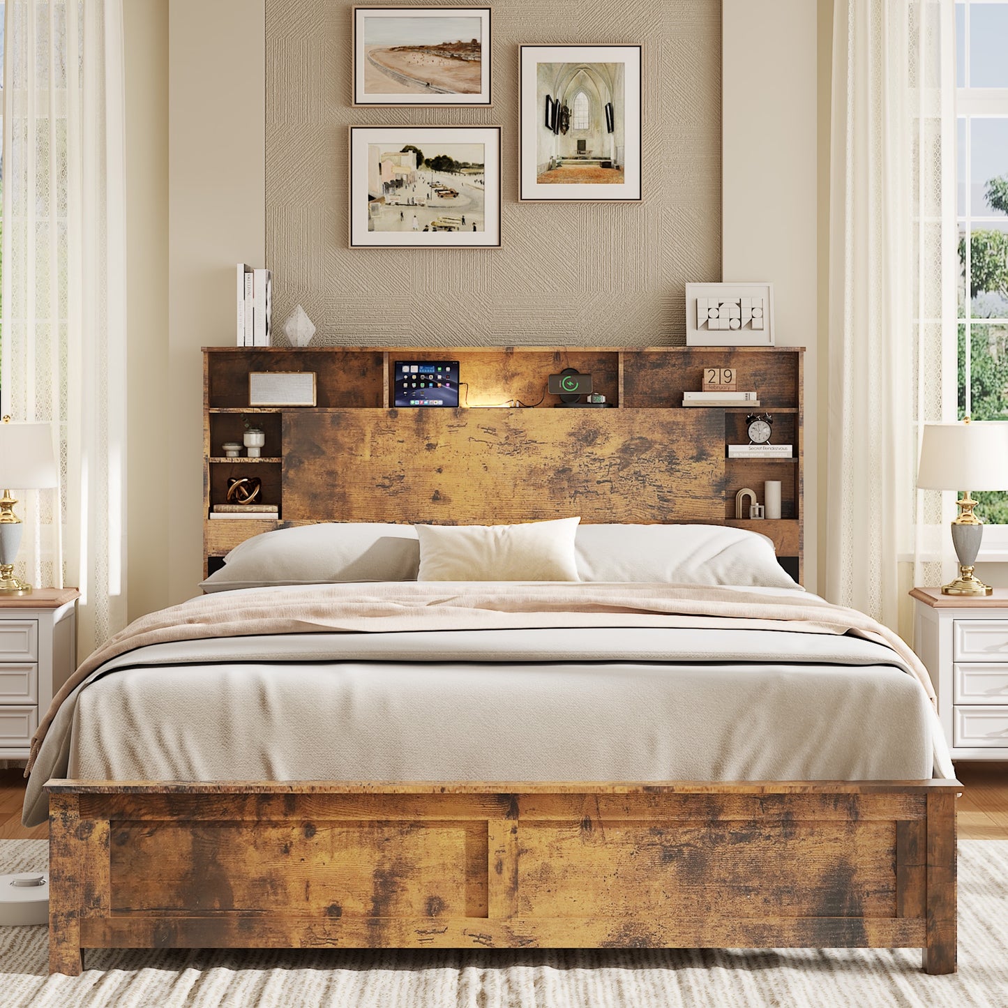 iRerts Wood Queen Platform Bed Frame, Queen Bed Frame with Storage Headboard, Charging Station, LED Lights, Queen Bed Frame No Box Spring Needed, Dark Brown