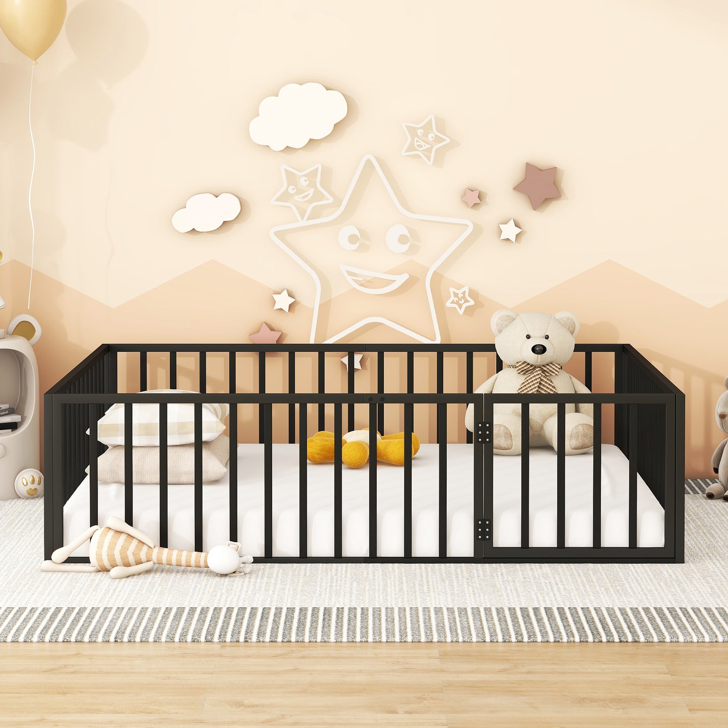 iRerts Queen Floor Bed Frame, Metal Queen Size Montessori Floor Bed Frame with Fence and Door, Kids Toddler Floor Bed Frame Queen Size for Girls Boys, Twin Bed Frame without Bed Slats, Black