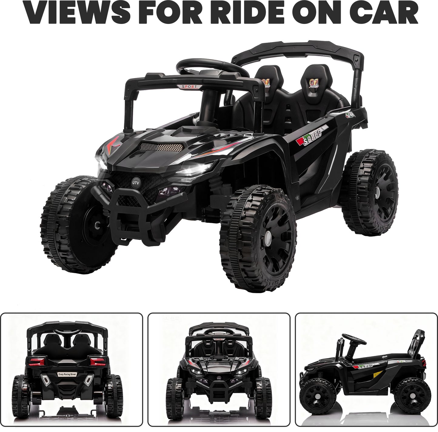 iRerts 24V Powered Ride on Car UTV, Kids Ride on Toys with Remote Control, Bluetooth, Music, 4 Wheels Suspension, LED Light, Kids Cars 4 Wheeler Electric Vehicles for Boys Girls Ages 3-5 Gifts, Black