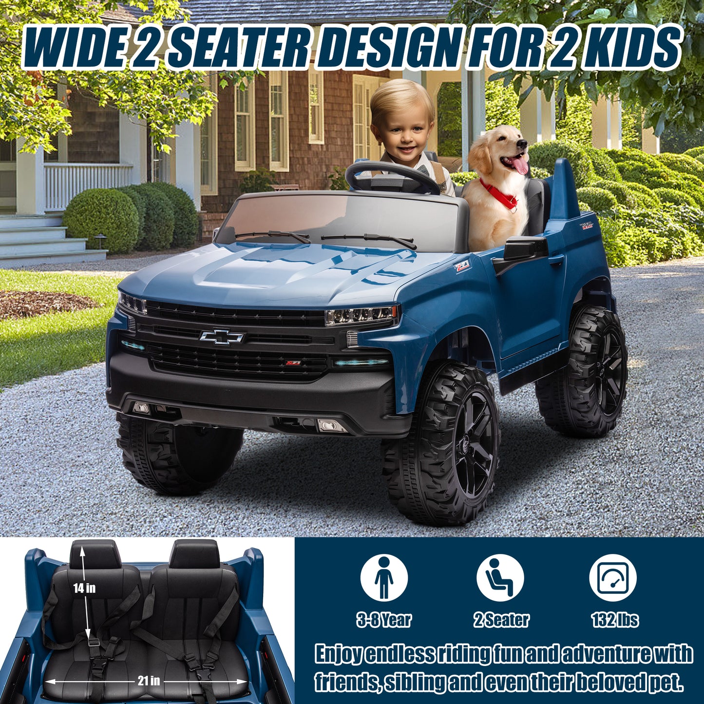 Chevrolet Silverado 24V Ride on Cars with Remote Control, 2 Seater 4 Wheels Kids Electric Cars with Bluetooth, LED Lights, Battery Powered Ride on Truck Toys for Boys Girls Christmas Gifts, Blue