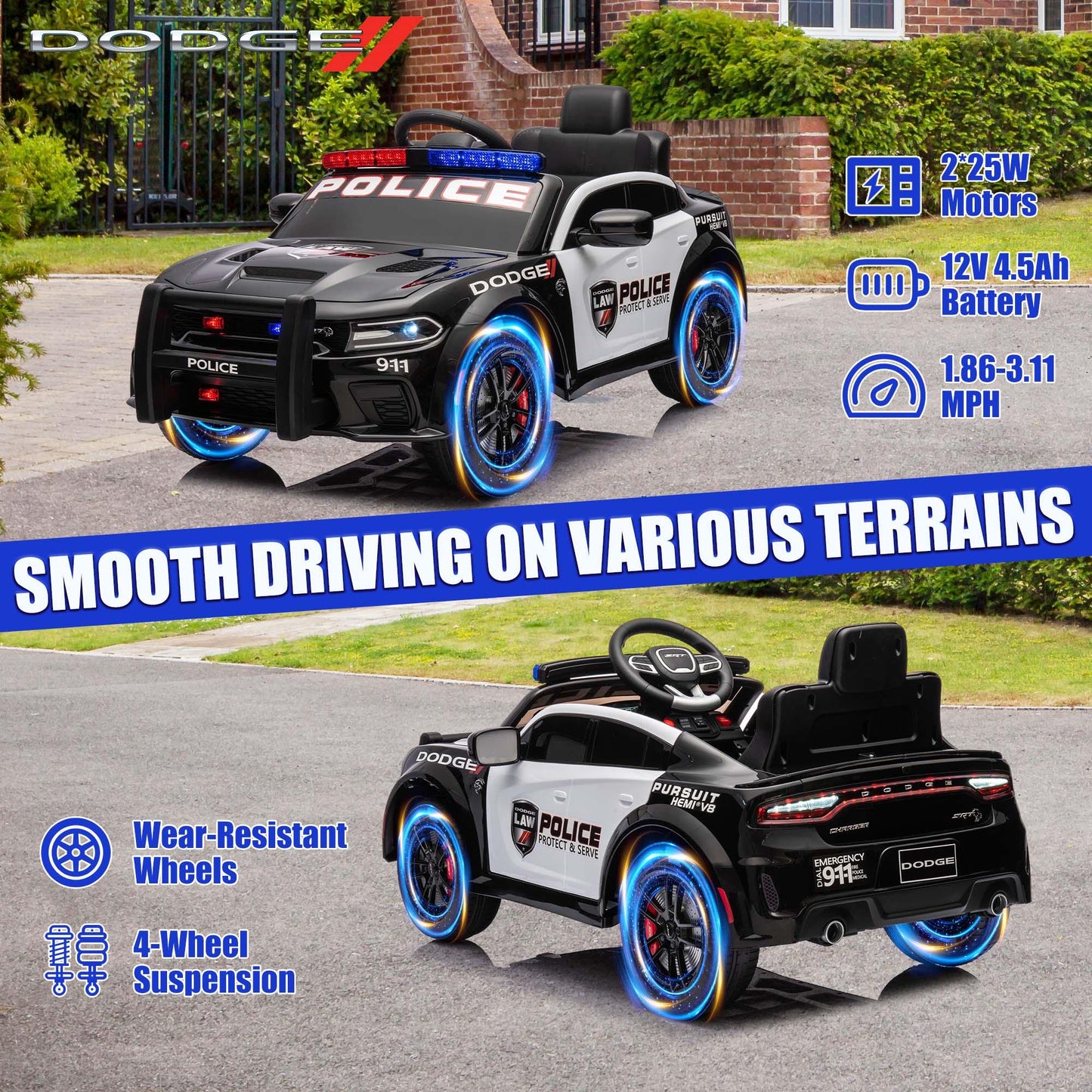 Dodge Charger 12V Ride on Police Cars, Battery Powered Ride on Toy Car with Remote Control for Boys Girls Gifts, Electric Car for Kids with Bluetooth, Music Player, LED Lights, 3 Speeds, Black