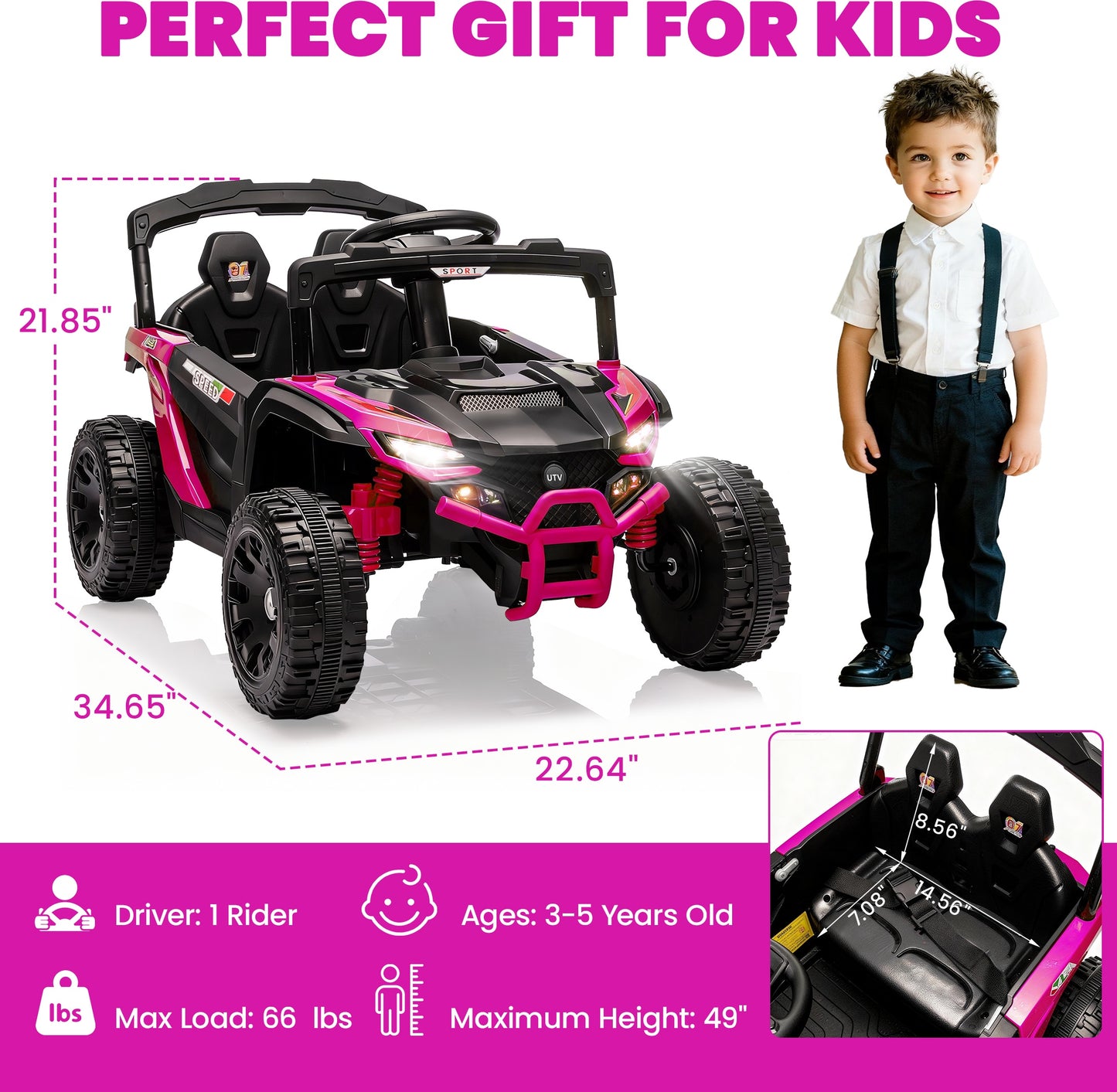 iRerts 24V Powered Ride on Car UTV, Kids Ride on Toys with Remote Control, Bluetooth, Music, 4 Wheels Suspension, LED Light, Kids Cars 4 Wheeler Electric Vehicles for Boys Girls Ages 3-5 Gifts, Pink