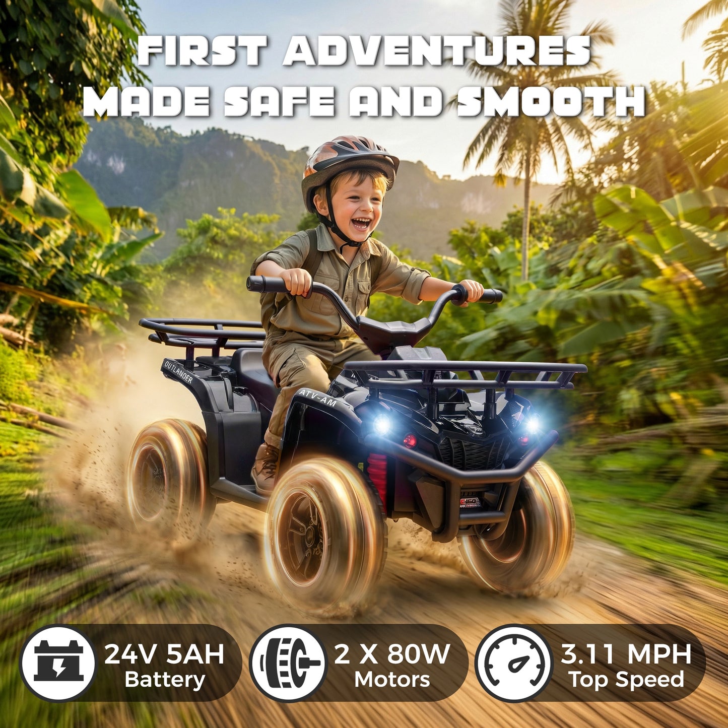 iRerts 24V Ride on ATV, Powered Ride on Toys for Kids Boys Girls Ages 3-5, Kids 4 Wheeler Electric Cars with Bluetooth, Music, LED Headlights, Front Rear Storage Racks, Crash Bars, Black