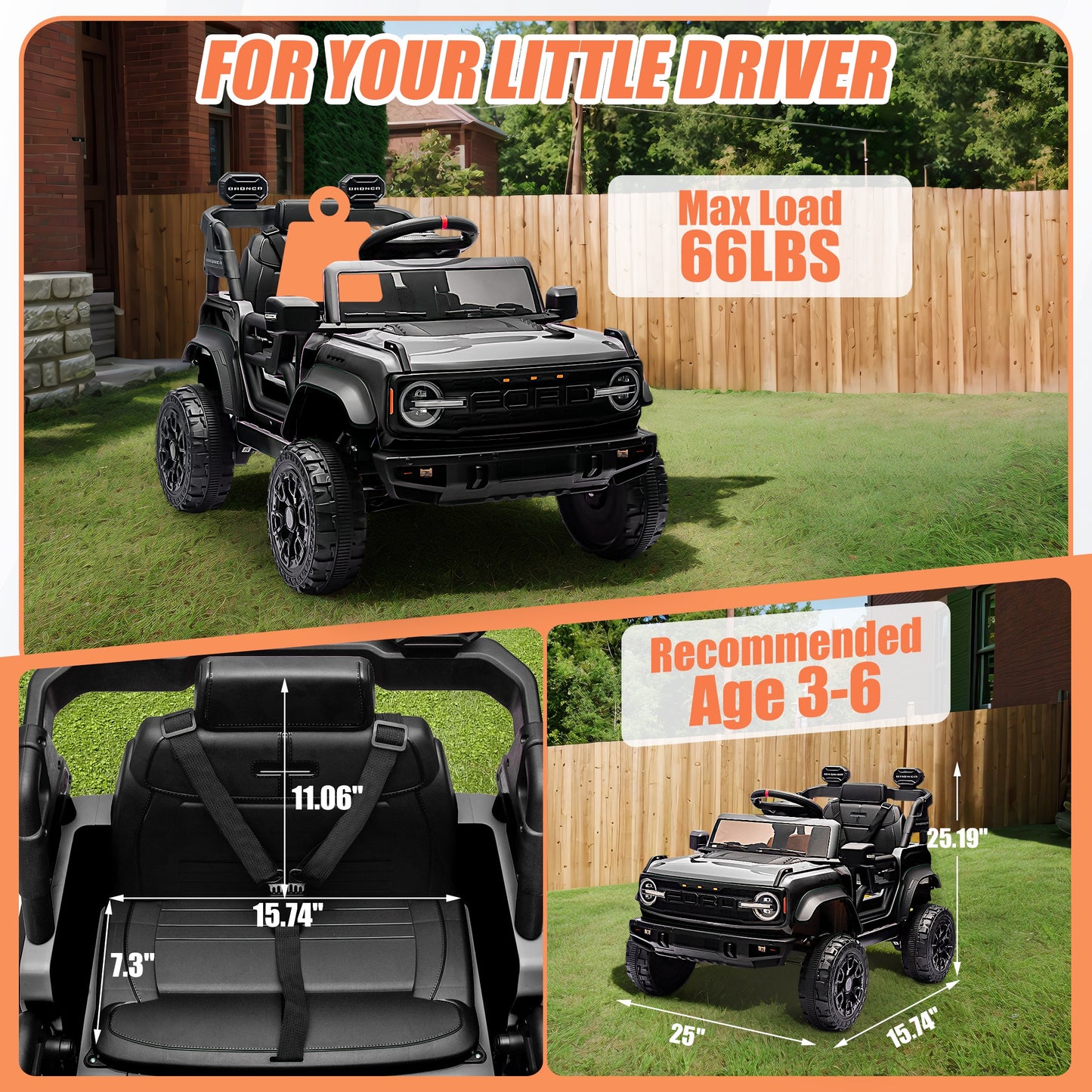 12V Powered Ride on Car, Ford Bronco Raptor Ride on Toys with Remote Control, Battery Powered Ride on Trucks with Bluetooth Music, LED Light, Kids Car Electric Vehicle for Boys Girls Gifts, Black