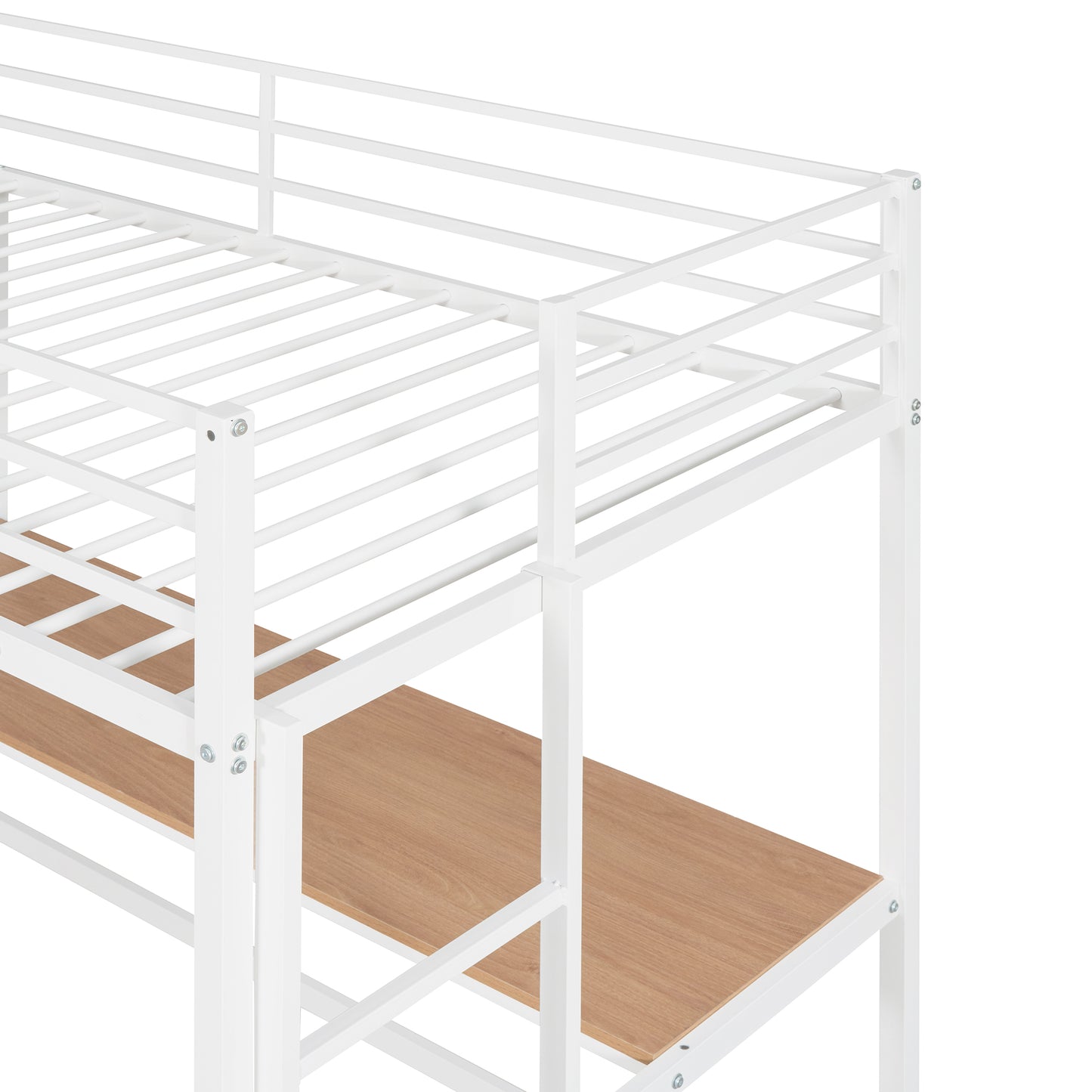 iRerts Twin Loft Bed, Twin Metal Loft Bed with Shelf and Desk, Twin Size Loft Bed with Safety Guardrail, Modern Twin Loft Bed Frame for Dorm Bedroom Guest Room, No Box Spring Needed, White