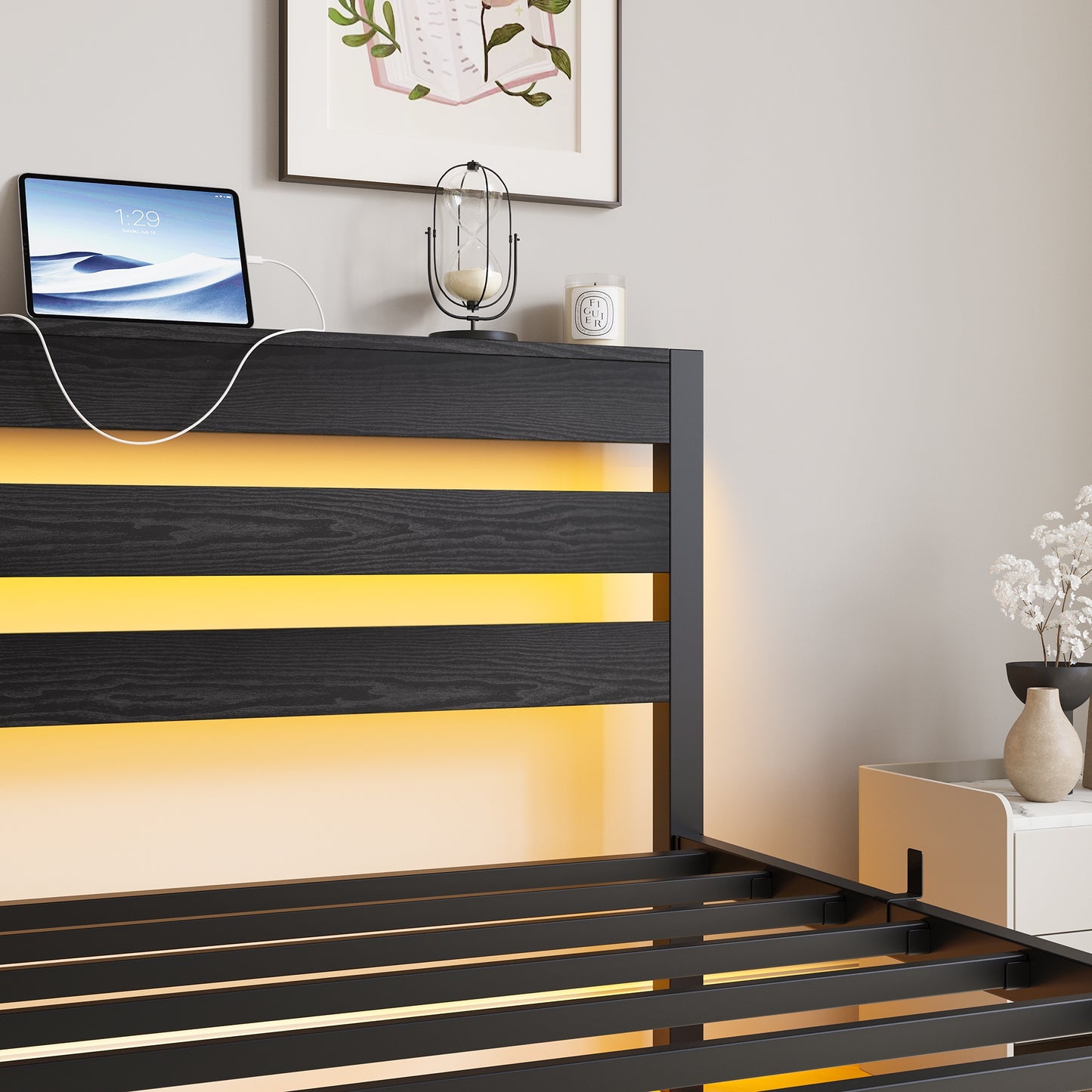 iRerts Twin Bed Frame with Headboard, Metal Platform Bed Frame Twin Size with USB Charging Station, LED Lights, Steel Slats, LED Bed Frame No Box Spring Needed for Bedroom Furniture, Black