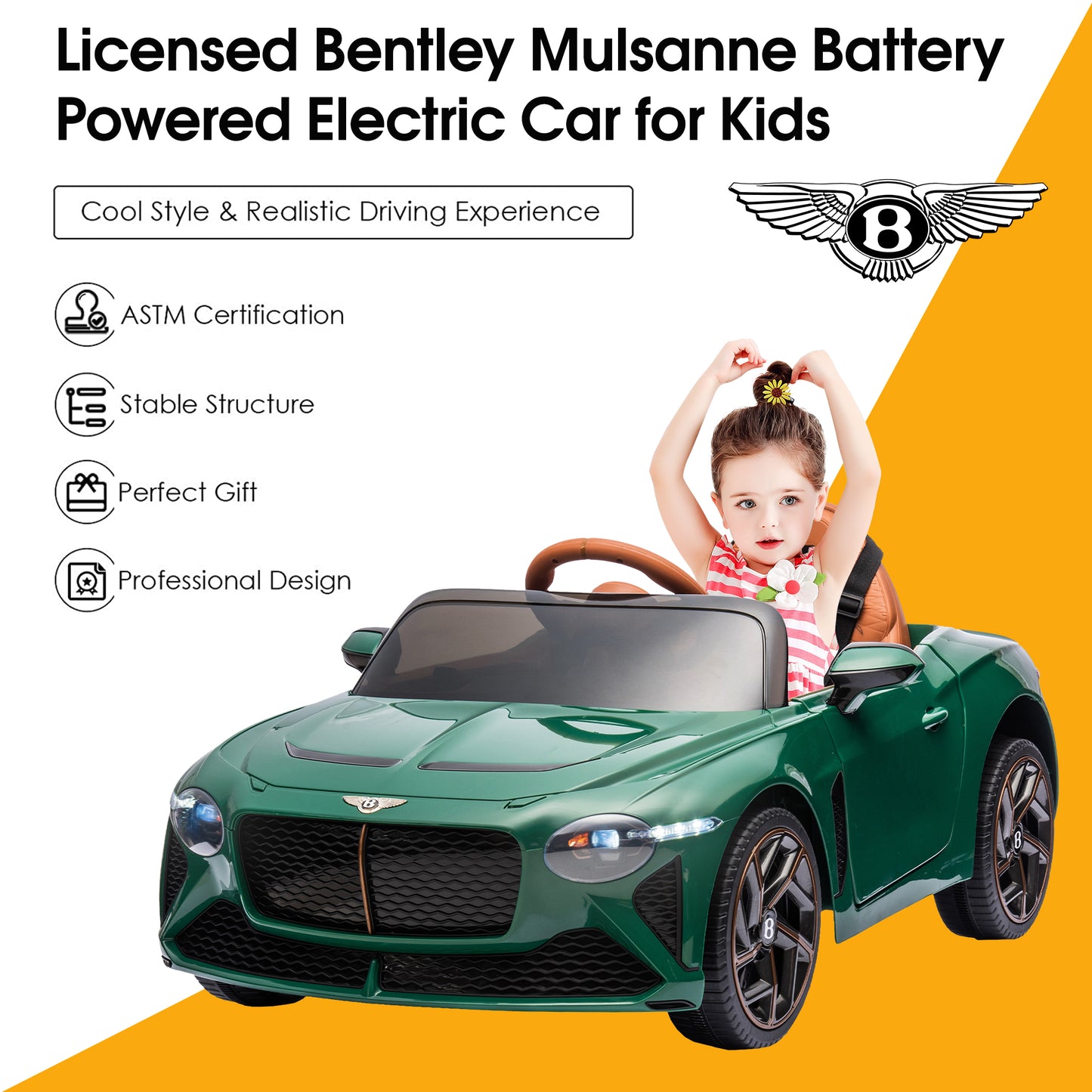 12V Ride On Car with Remote Control, Licensed Bentley Mulsanne Kids Electric Car with Bluetooth, Music, USB, MP3, LED Light, Battery Powered Electric Ride On Vehicle for Boy Girl Birthday Gift, Green