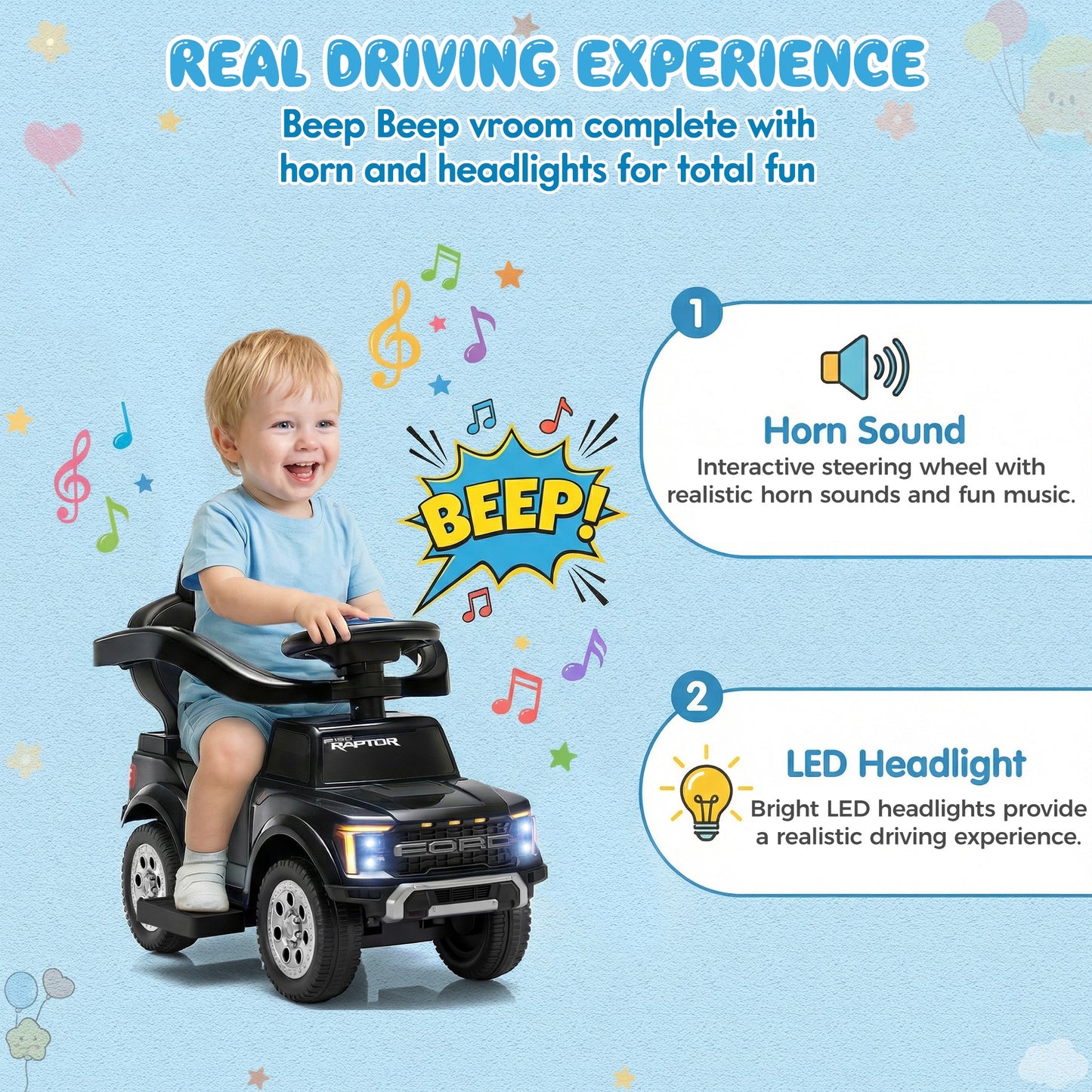 Push Car for Toddlers 1-3, Licensed Ford F-150 3-in-1 Kids Ride on Toy with Parent Push Handle, Foot to Floor Sliding Car with Horn & Lights, Under Seat Storage, Black