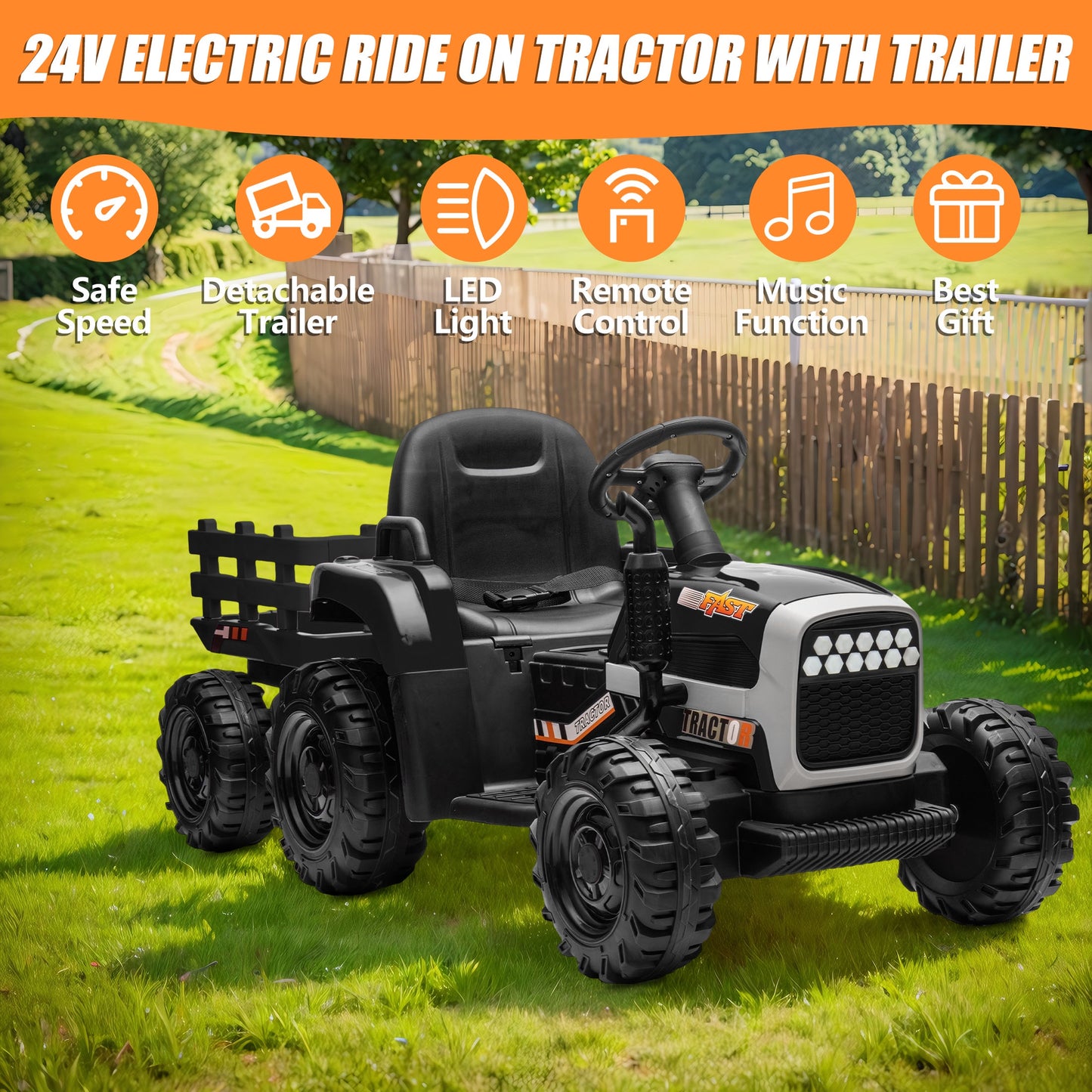 Powered Ride on Toy Tractor, 24V Kids Ride on Car with Remote Control, Electric Vehicles for Kids Toddlers 3-6 Years with 3 Speeds, Bluetooth, Music Player, LED Light, Rear Wheel Suspension, Black