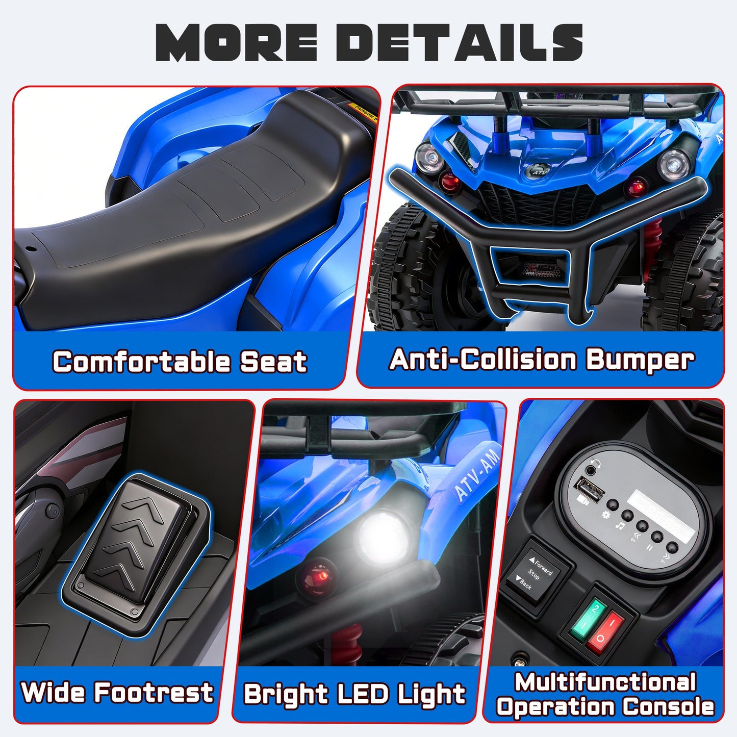 iRerts 24V Ride on ATV, Powered Ride on Toys for Kids Boys Girls Ages 3-5, Kids 4 Wheeler Electric Cars with Bluetooth, Music, LED Headlights, Front Rear Storage Racks, Crash Bars, Blue