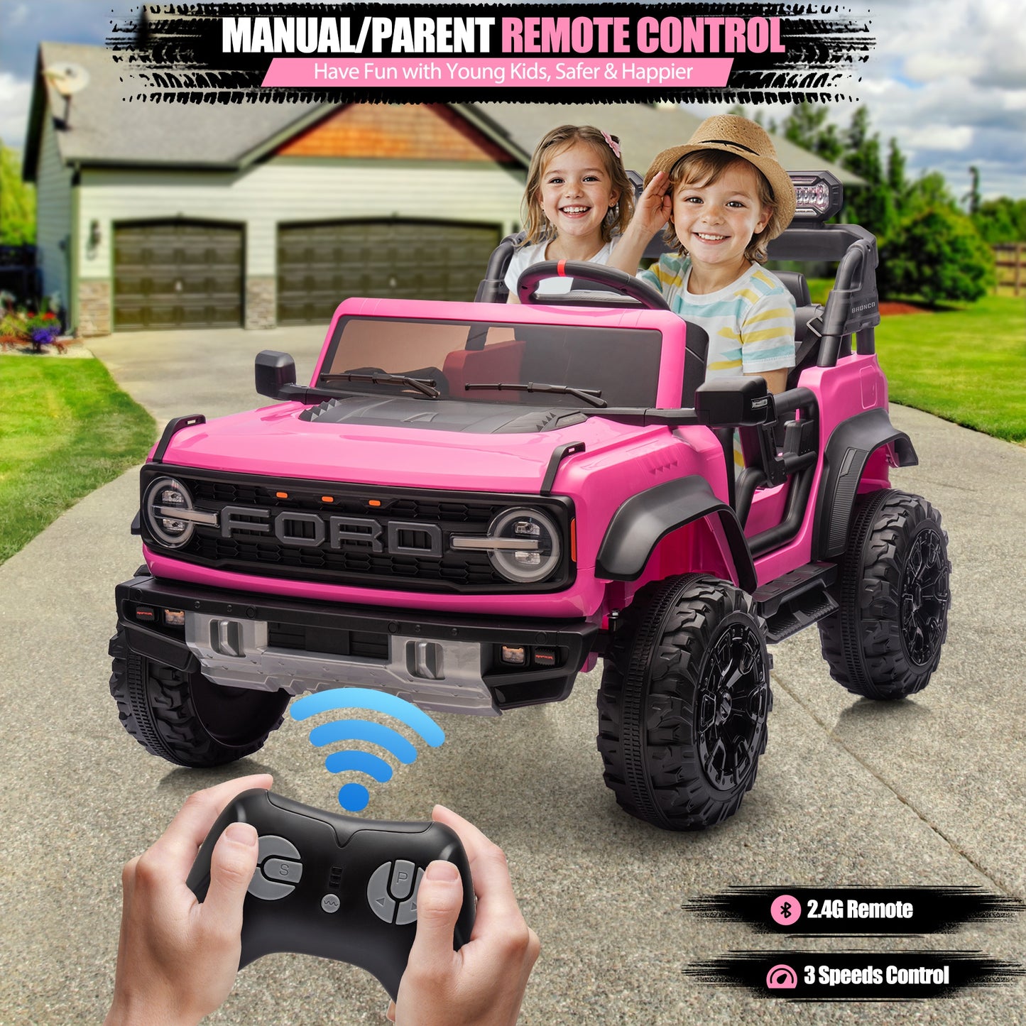 Ford Bronco Raptor 24V Ride on Toys, 2 Seater Ride on Cars with Remote Control, Bluetooth Music, Spring Suspension, Battery Powered Electric Car for Kids Ages 3-8, Pink