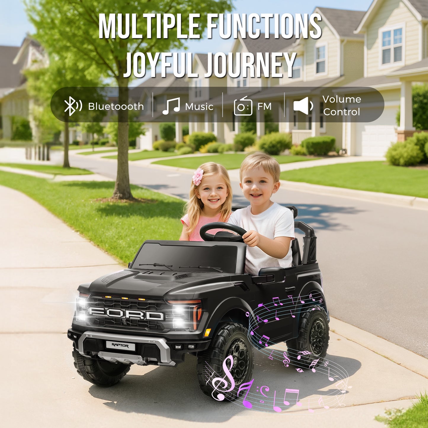iRerts 24V Ride on Toys for Big Kids, Licensed Ford F 150 Raptor 2 Seater Ride on Cars with Remote Control, Bluetooth, FM Radio, LED Lights, 4 Wheels Suspension, Electric Car for Kids Ages 3-8, Black