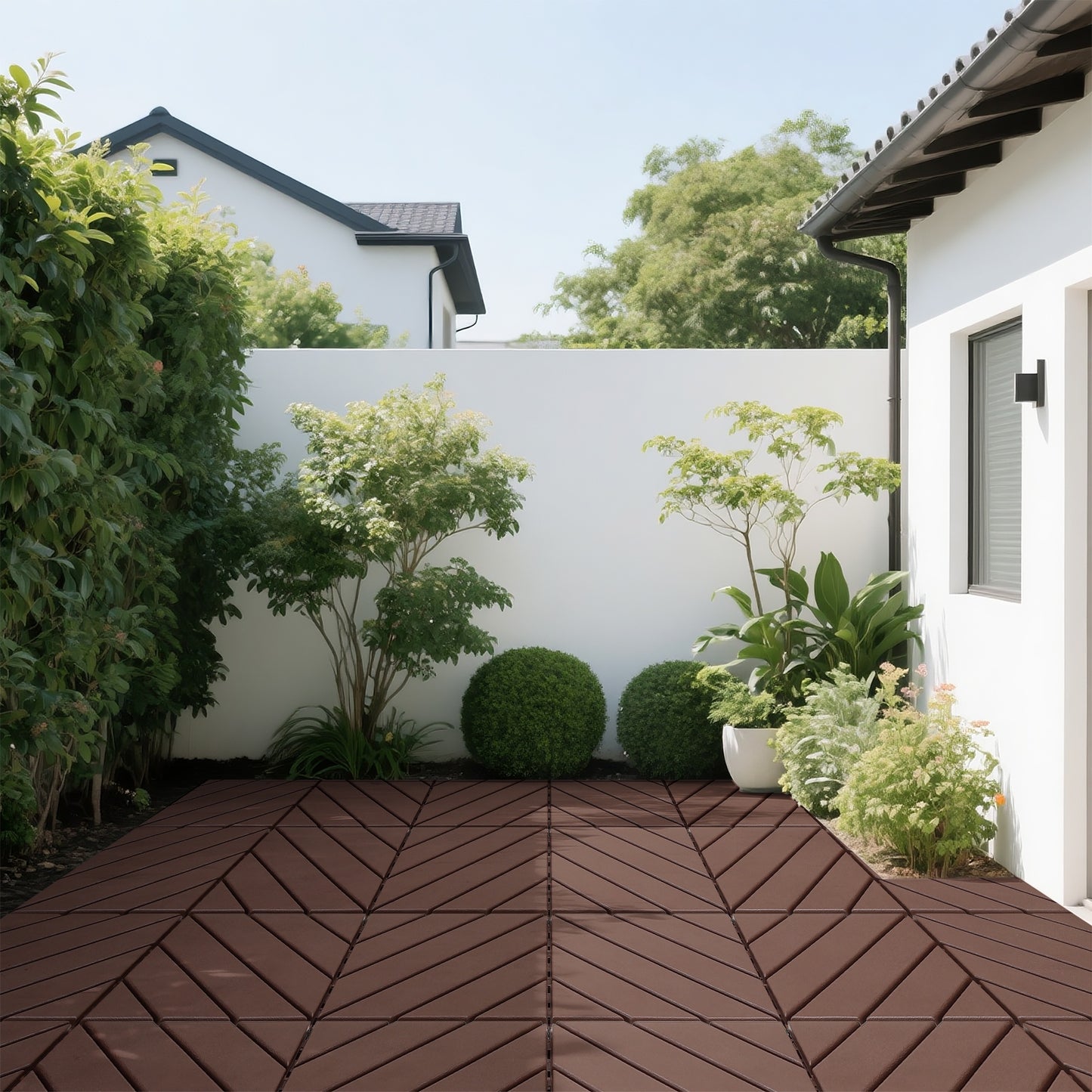 iRerts Plastic Interlocking Deck Tiles, 44 Pack Outdoor Flooring Tiles 12" x 12", All Weather Use, Patio Floor Decking Tiles for Porch Poolside Backyard, Brown