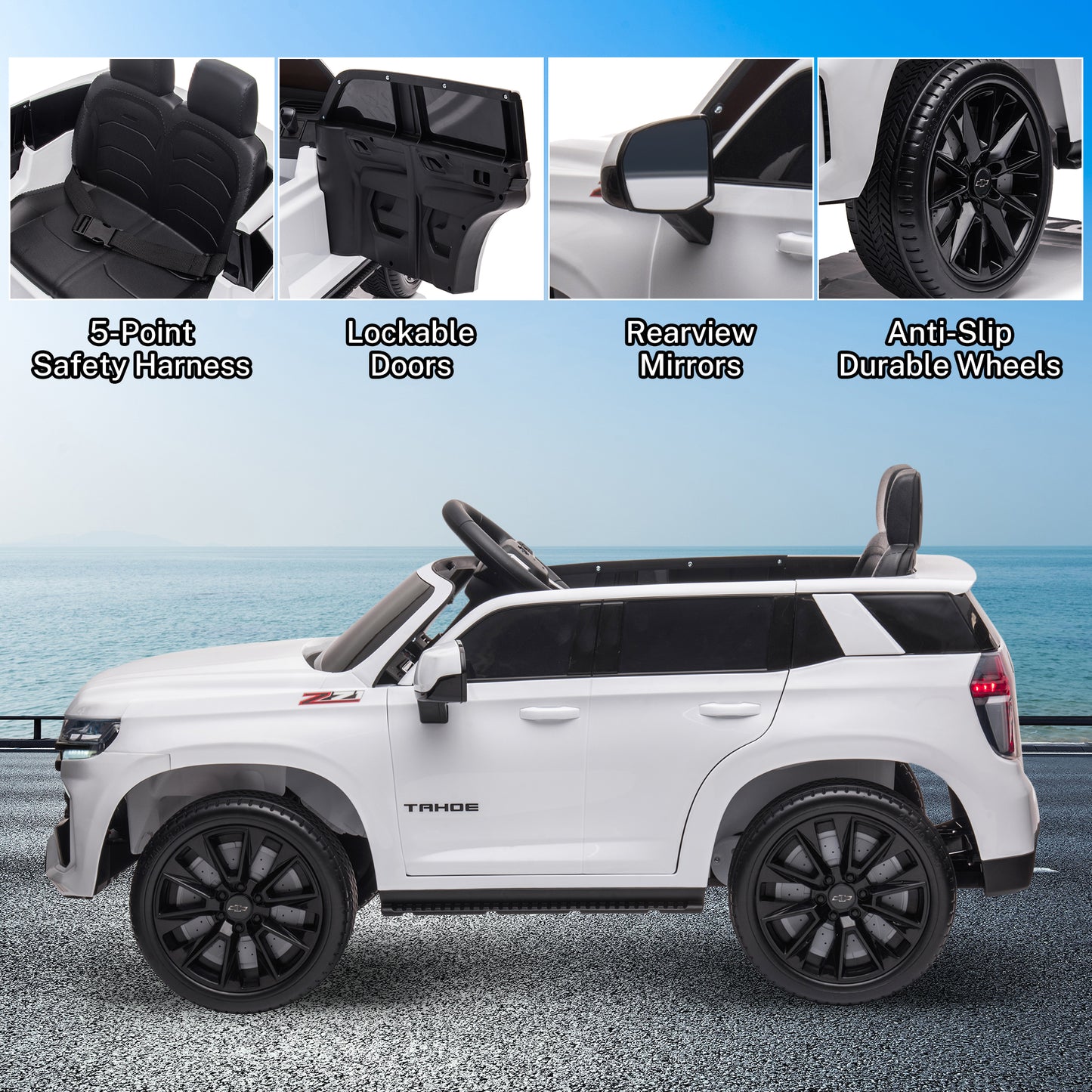 iRerts 12V Ride On Toys with Remote Control, Licensed Chevrolet Tahoe Kids Ride on Cars with Music, LED Lights, MP3/USB/AUX Port, Kids Electric Vehicle for Boys Girls, White