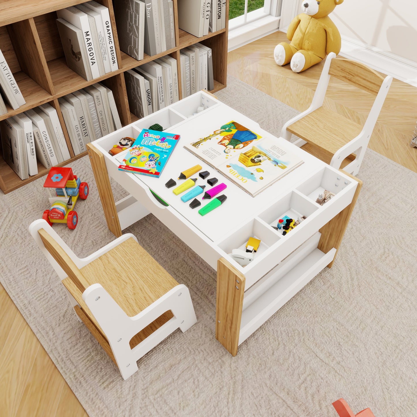 2 in 1 Kids Table Set, Kids Play Activity Table with Building Bricks, Whiteboard, Toy Organizer Compatible, Wood Building Block Desk for Drawing Reading Arts Crafts, White