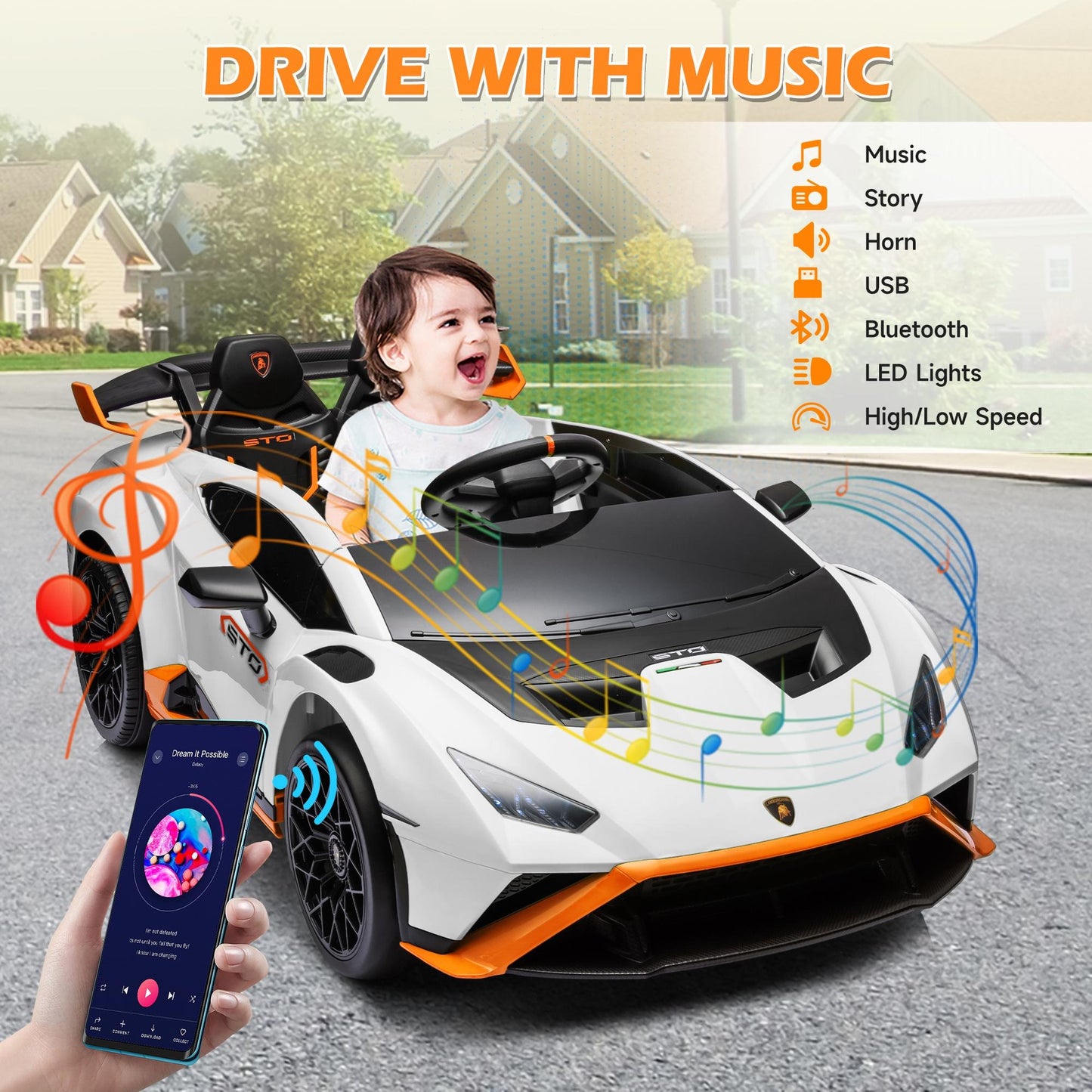 iRerts White 24V Lamborghini Ride on Cars with Remote Control, Battery Powered Kids Ride on Toys for Boys Girls 3-8 Ages, 4 Wheels Electric Cars for Kids with Bluetooth/Music/USB Port/LED Lights