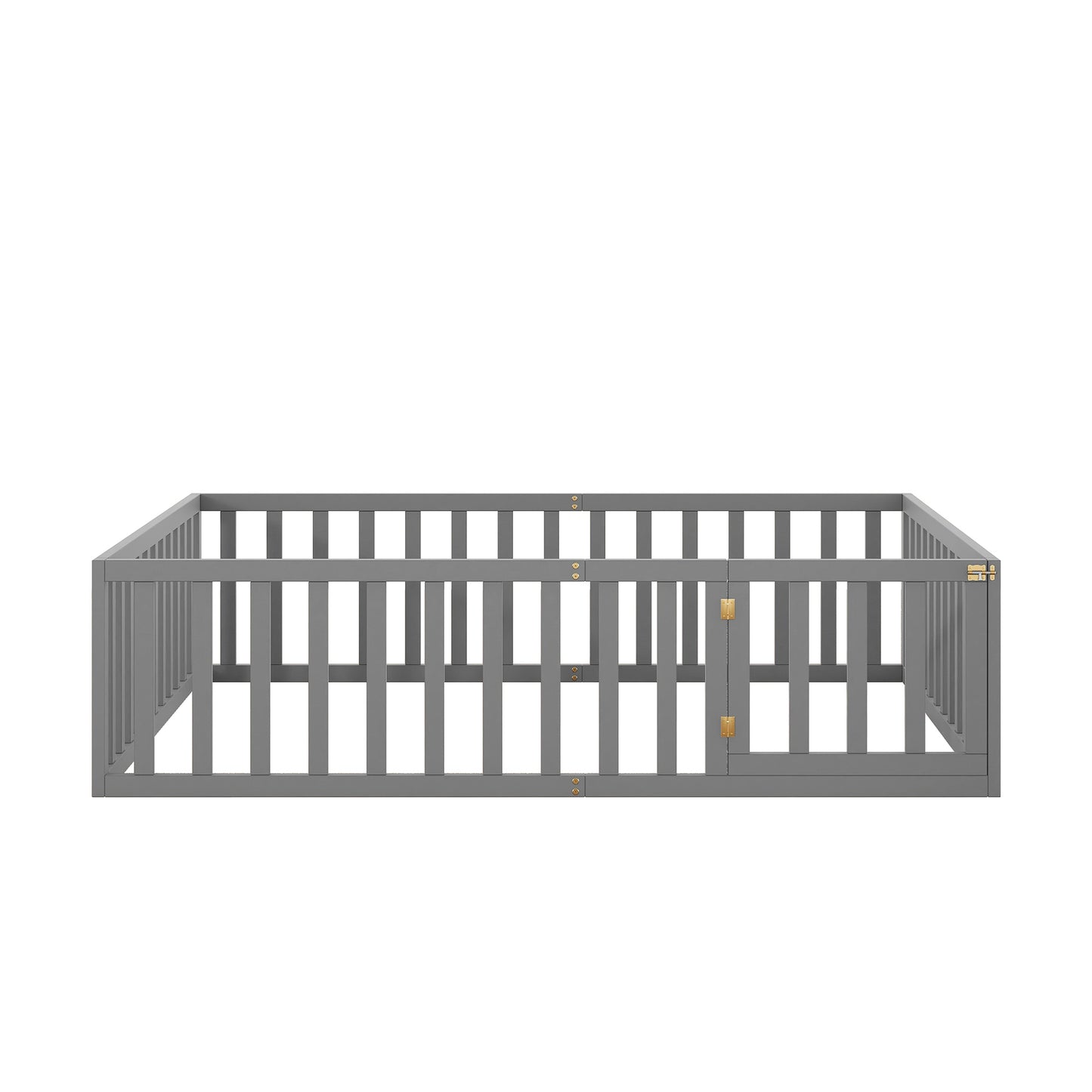 iRerts Queen Floor Bed Frame for Kids Toddlers, Wood Montessori Low Floor Queen Size Bed Frame with Fence Guardrail and Door, kids Queen Bed for Boys Girls, Spring Needed, Gray