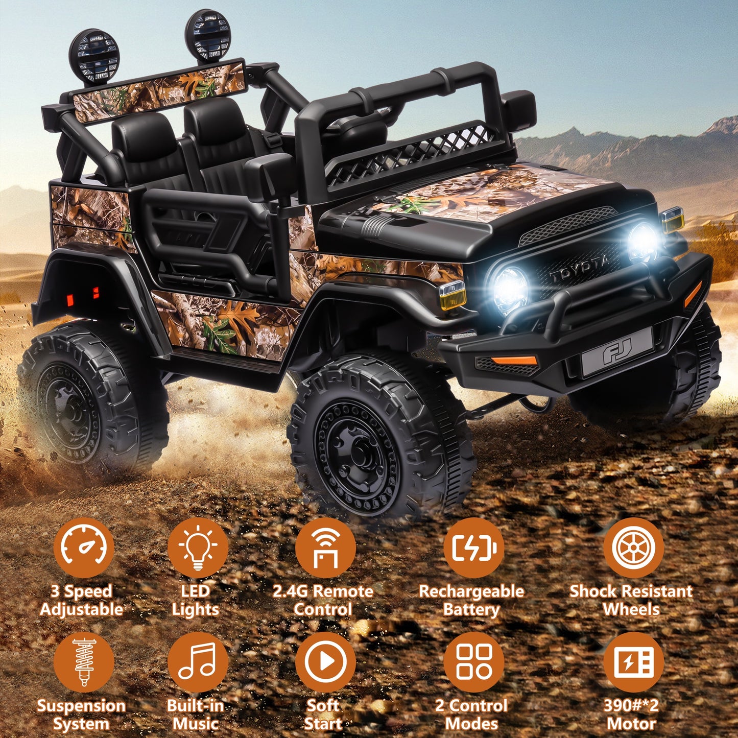 12V Ride on Cars with Remote Control, Licensed Toyota FJ Cruiser Ride on Trucks Vehicle with Bluetooth, Music, MP3/USB Port, Battery Powered Ride on Toys for Kids Boys Girls Birthday Gift, Black