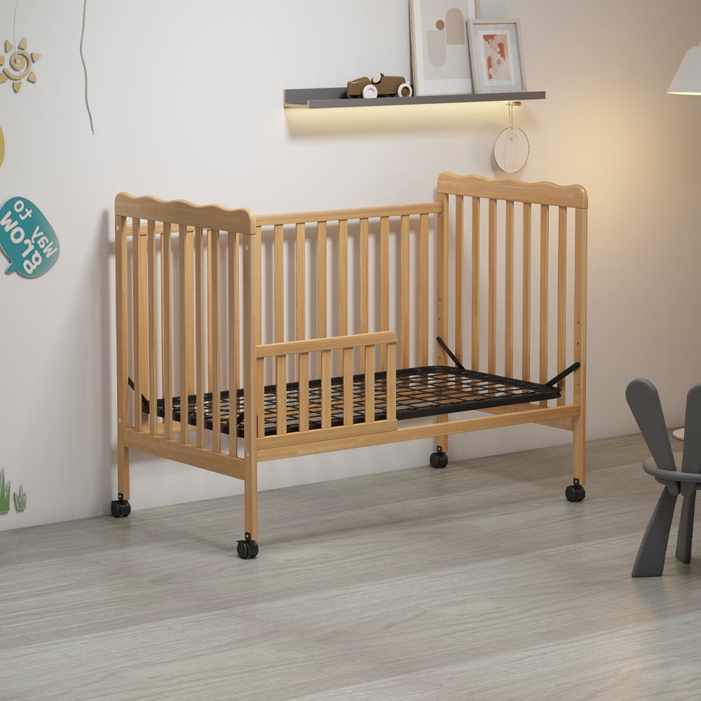 iRerts 3 In 1 Convertible Baby Crib, Wood Converts from Baby Crib to Toddler Bed and Daybed, Baby Bed with Locking Wheels, 4 Adjustable Mattress Heights, Non-Toxic Finish, Natural