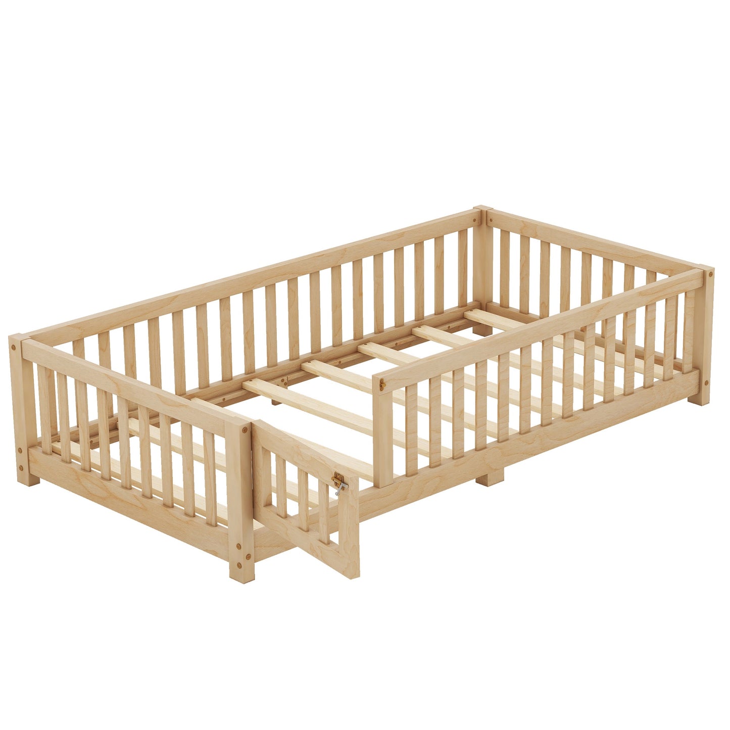 iRerts Twin Floor Bed Frame for Toddlers Kids, Wood Twin Montessori Bed Frame with Slats, Fence, Door, Kids Montessori Bed Twin Size, Twin Toddler Bed Frame for Boys Girls, Natural