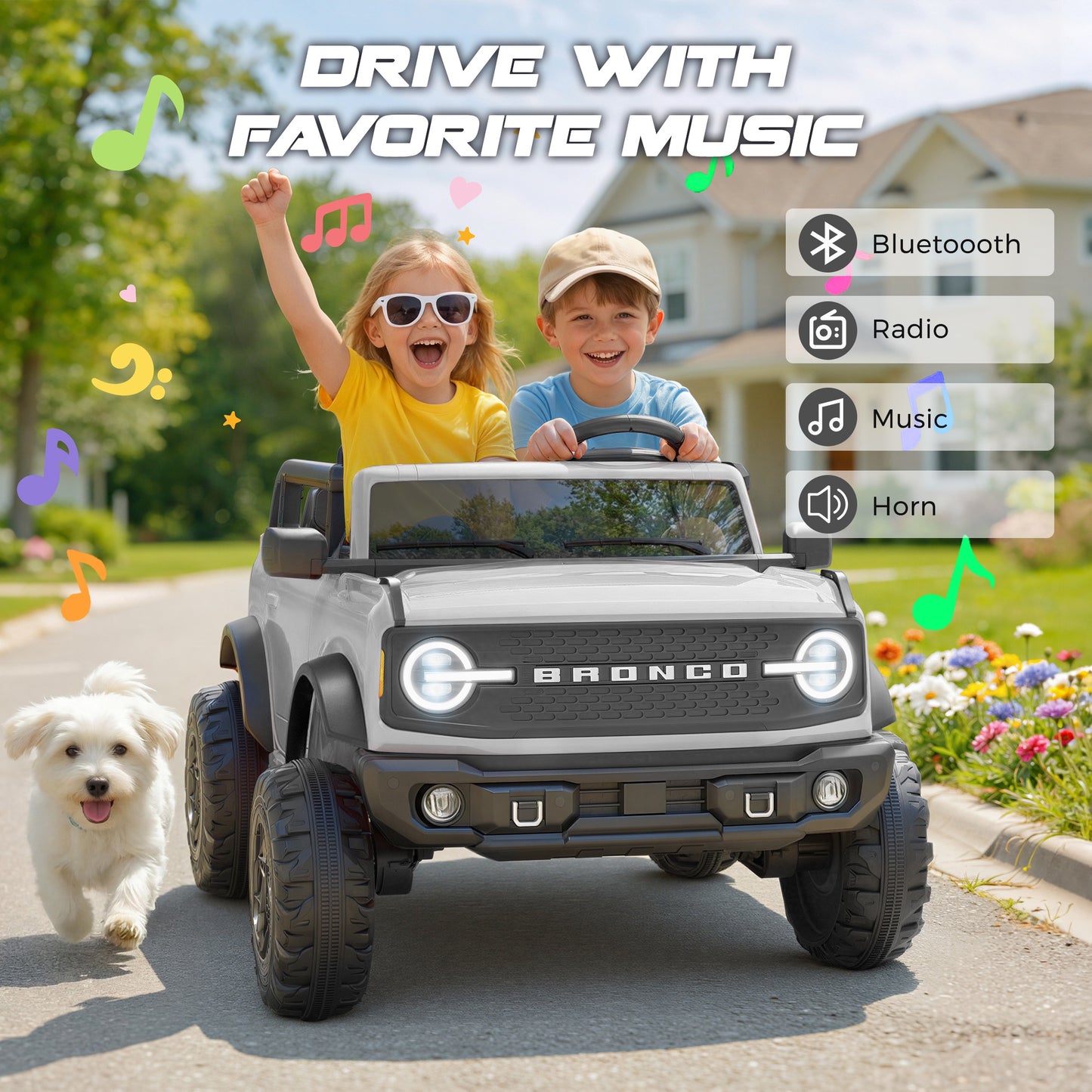 iRerts 2 Seater Ride on Cars, Licensed Ford Bronco Base 24V Ride on Toys for Big Kids Ages 3-8, Powered Kids Car Electric Vehicle with Remote Control, Bluetooth, LED Lights, 4 Wheel Suspension, White