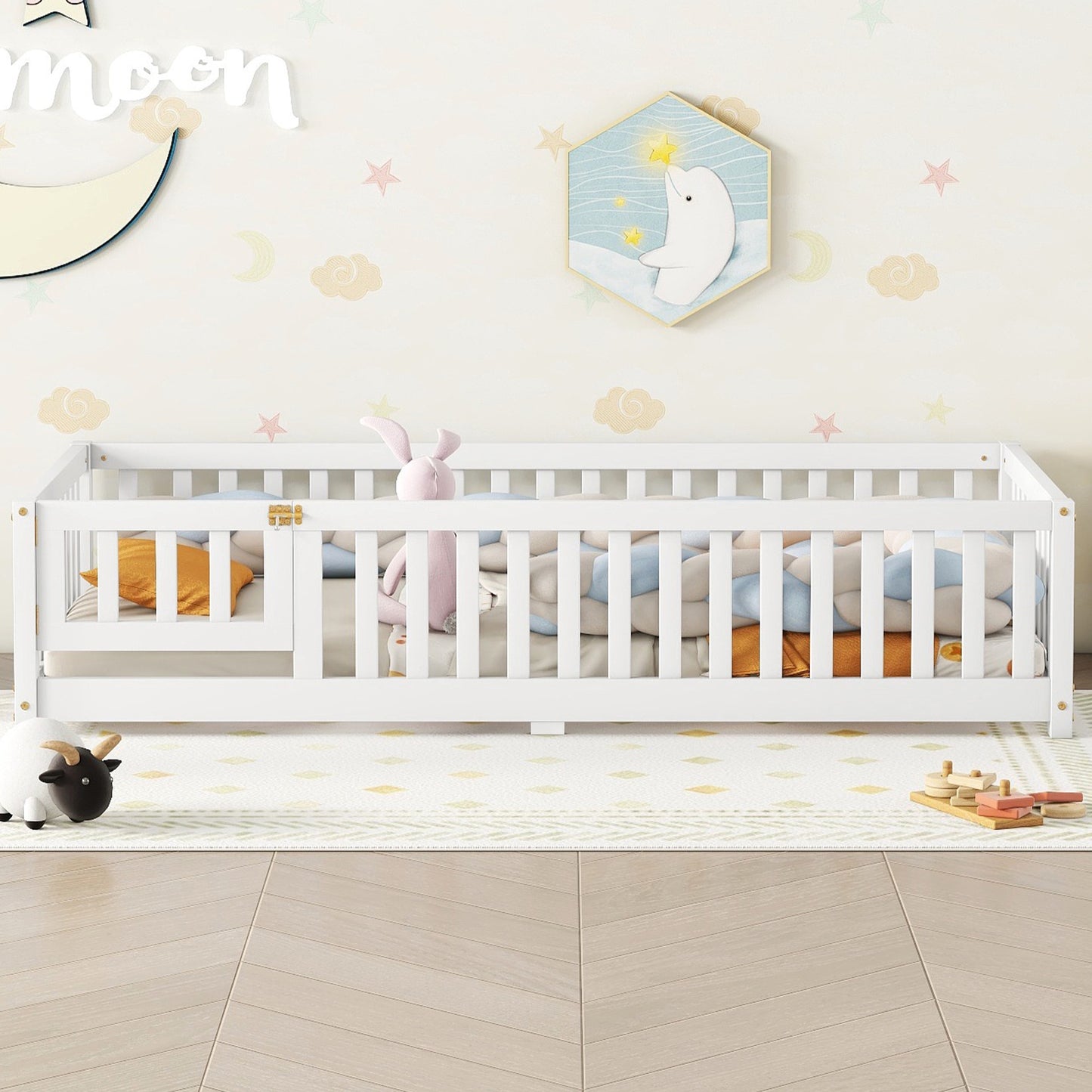 iRerts Twin Floor Bed Frame for Toddlers Kids, Wood Twin Montessori Bed Frame with Slats, Fence, Door, Kids Montessori Bed Twin Size, Twin Toddler Bed Frame for Boys Girls, White