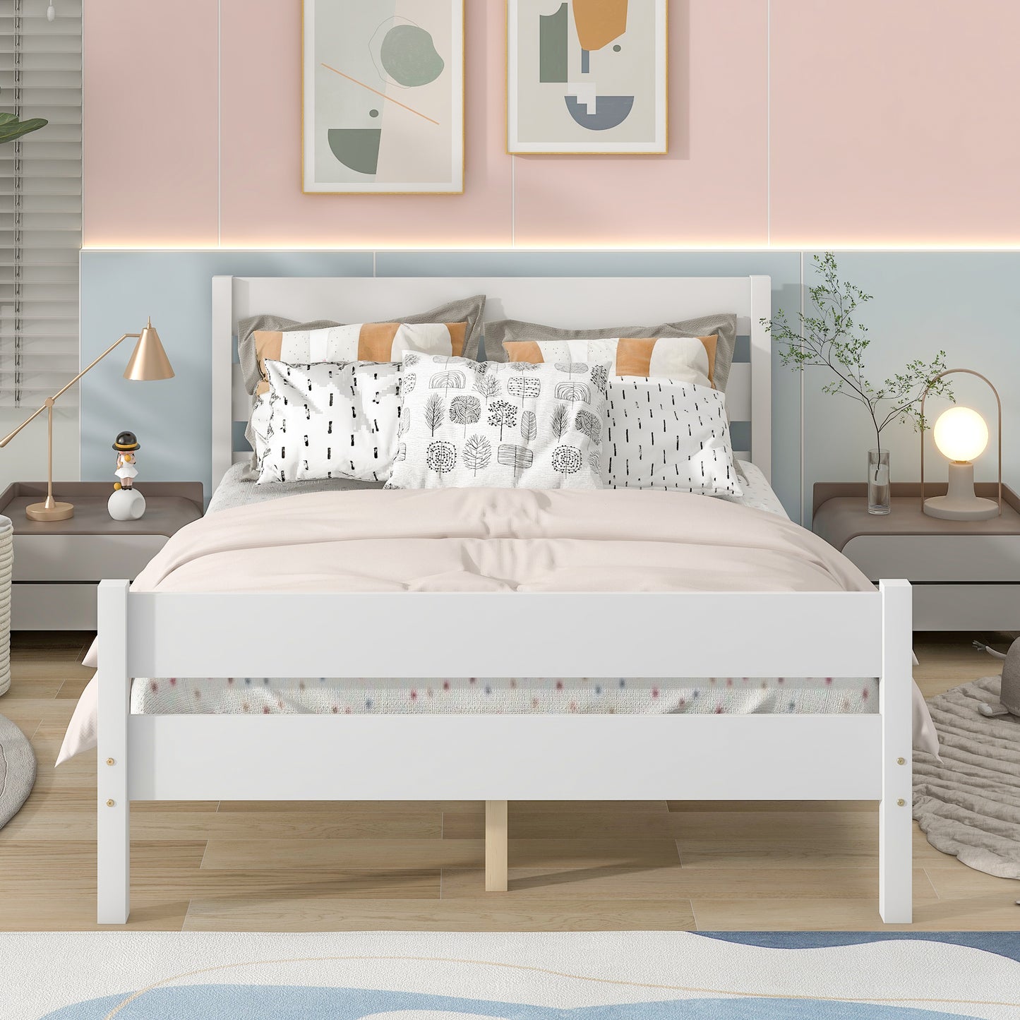 iRerts Full Platform Bed Frame with Headboard and Footboard, Wood Full Size Bed Frame, Modern Platform Bed Frame Full Size with Wood Slat Support, No Box Spring Needed, White