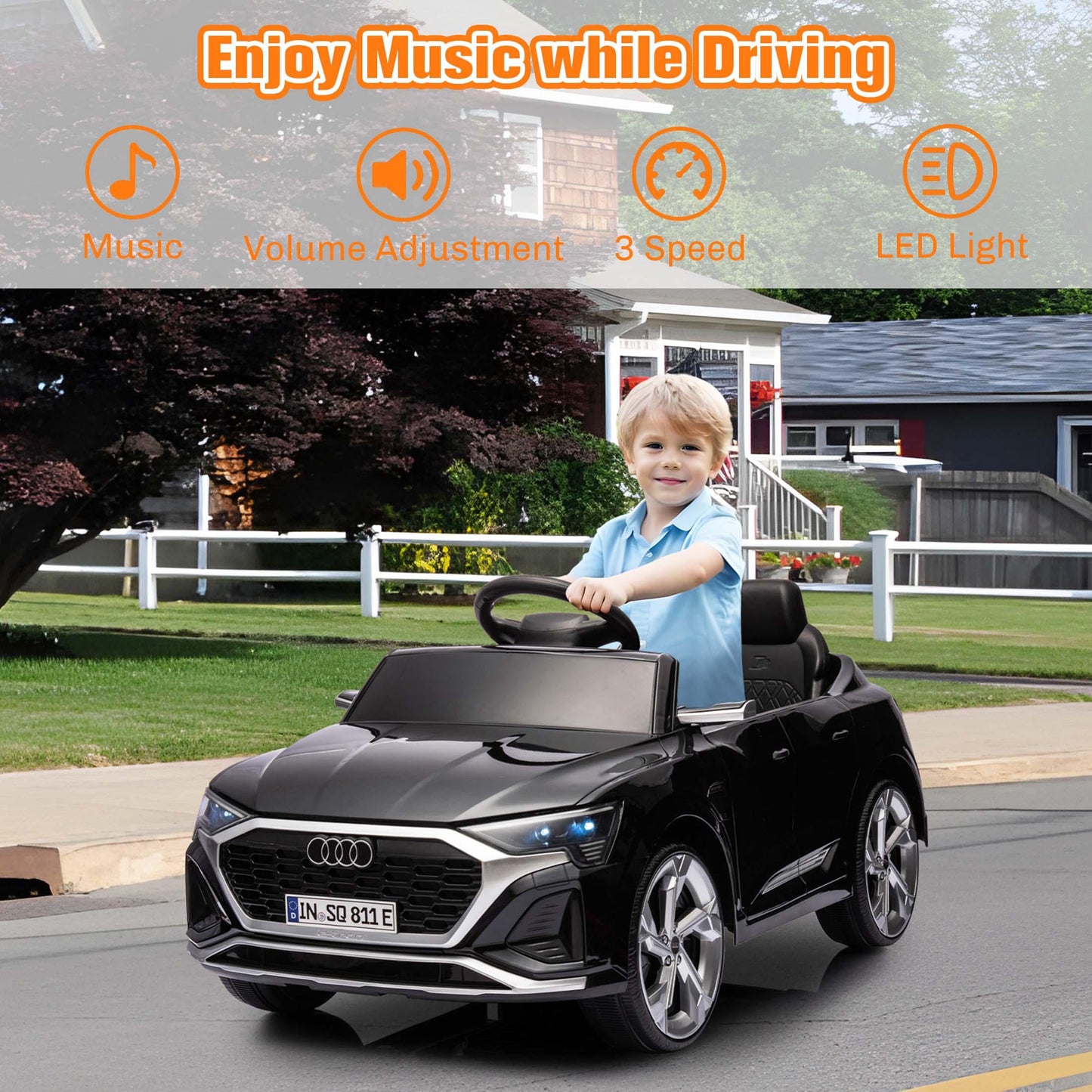 Ride on Toy Car Kids for Boys Girls, Licensed Audi SQ8 12V Ride on Cars with Remote Control, Battery Powered Electric Vehicle Car for Kids with Music, LED Lights, 3 Speed, 4 Wheeler, Black