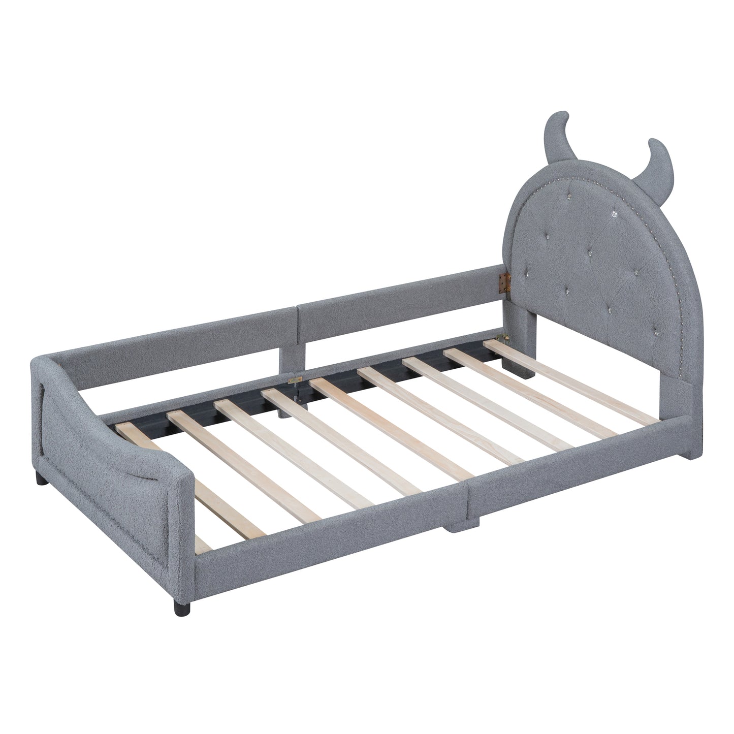 iRerts Twin Size Upholstered Daybed Frame for Kids, Teddy Fleece Twin Platform Bed Frame with OX Hor Shaped Headboard and Footboard, Wood Twin Size Sofa Bed for Girls Boys, Gray