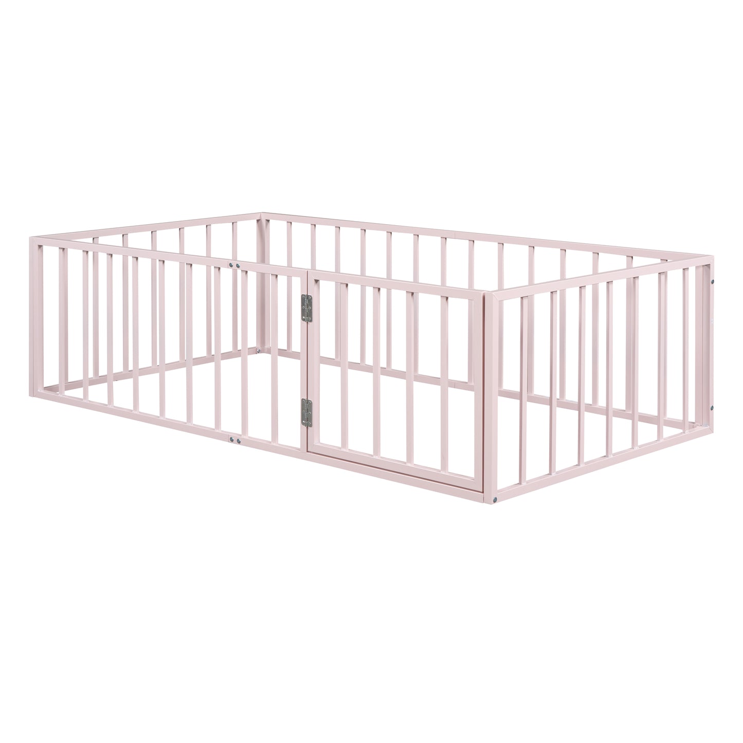iRerts Twin Floor Bed Frame, Metal Twin Size Montessori Floor Bed Frame with Fence and Door, Kids Toddler Floor Bed Frame Twin Size for Girls Boys, Twin Bed Frame without Bed Slats, Pink